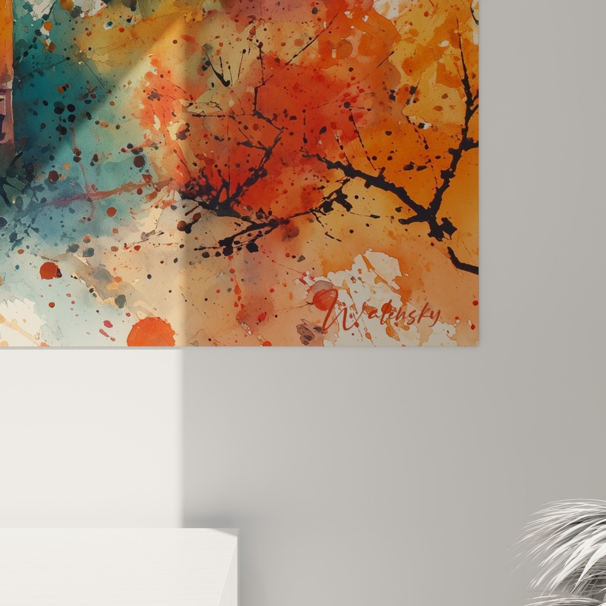 Gesamtansicht Torii-Gemälde japanische zeitgenössische Kunst farbige Spritzer orange türkis Dekoration