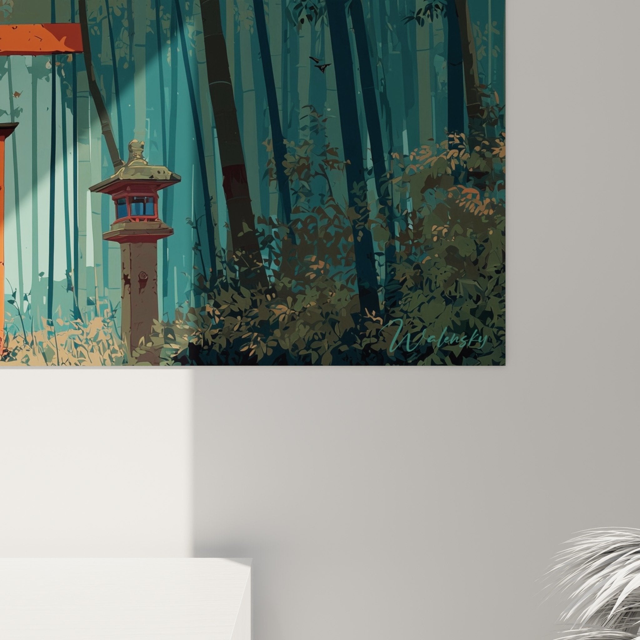 Vue ensemble tableau torii foret bambous decoration murale panoramique style japonais zen