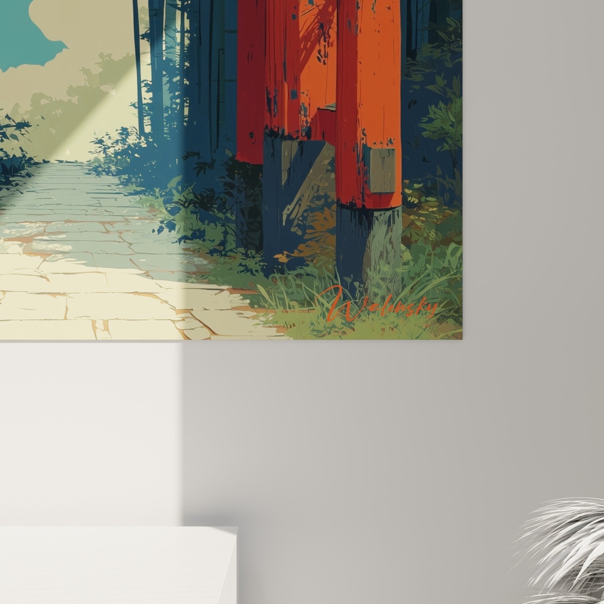 Complete view torii gate forest mystical decor Japanese interior design bamboo trees