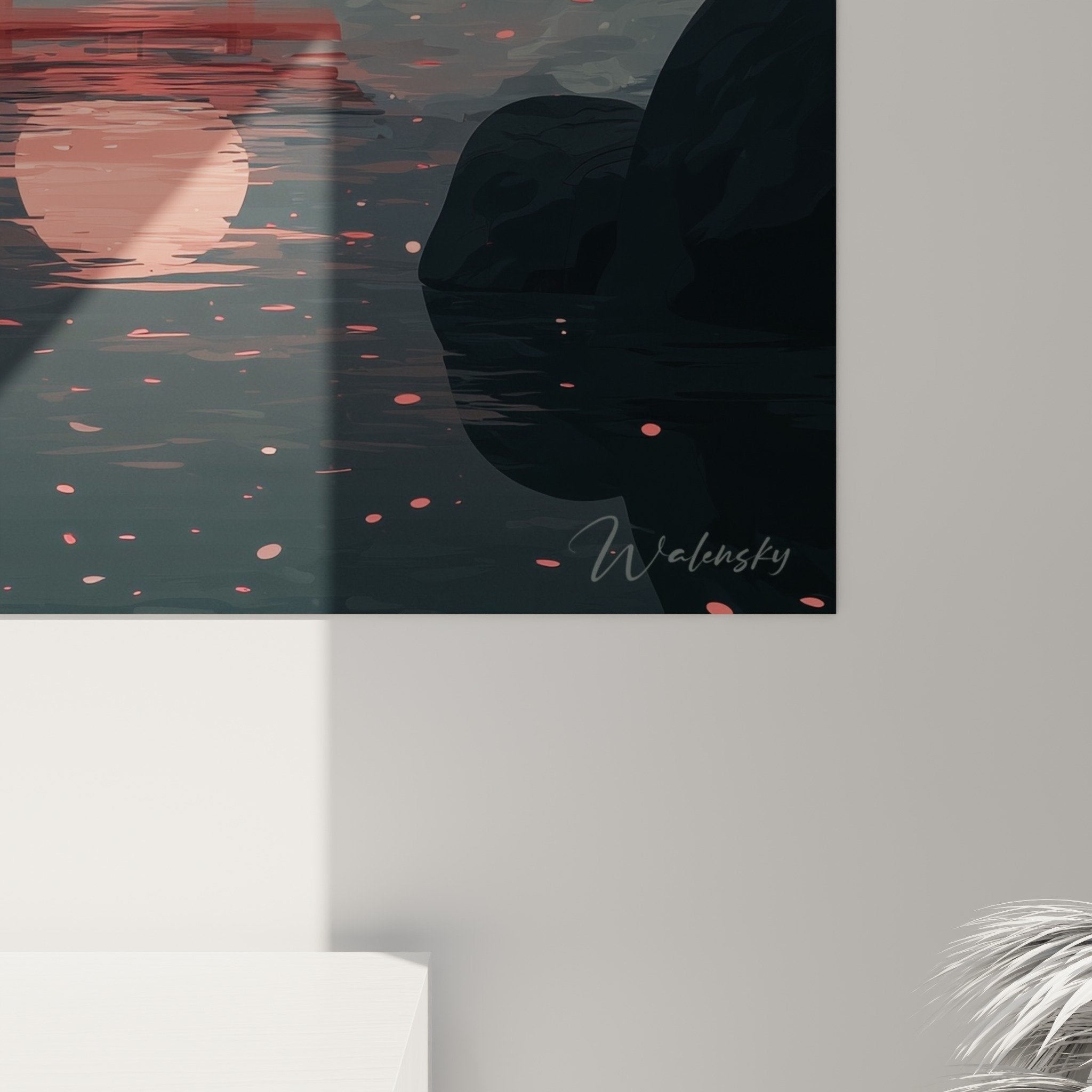 Overall view of red torii gate wall art starry night cherry blossom sakura mountain moonlight reflections Japanese decoration