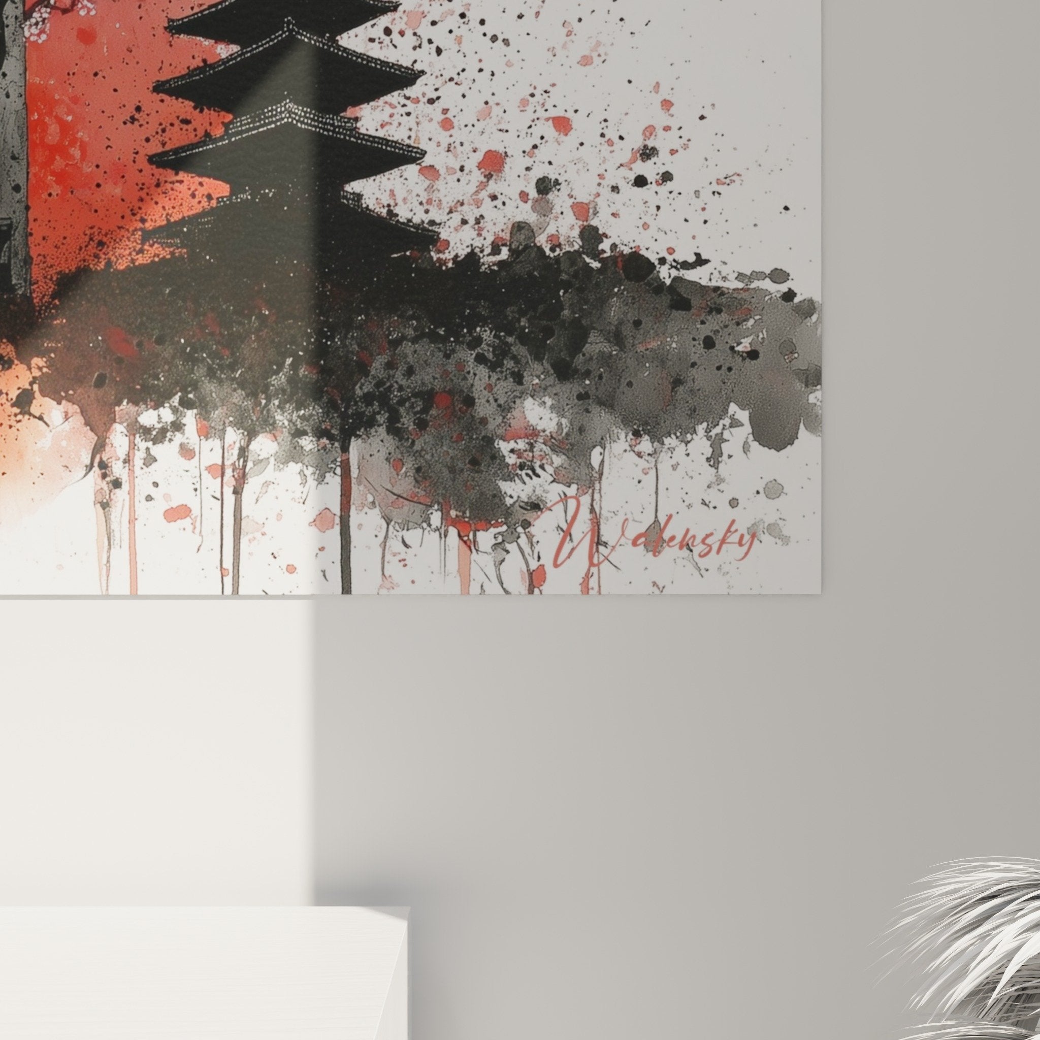 Vue ensemble tableau torii rouge cerisiers soleil levant decoration interieur zen japonais