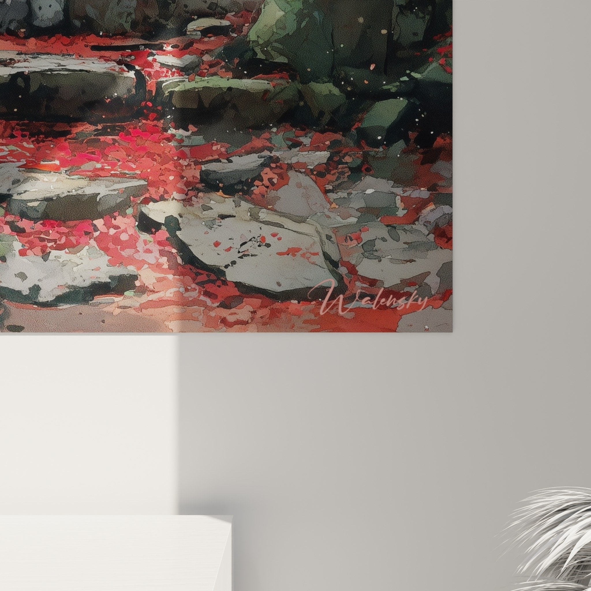 Full view red torii gate green forest mystical mist Japanese zen wall art decoration