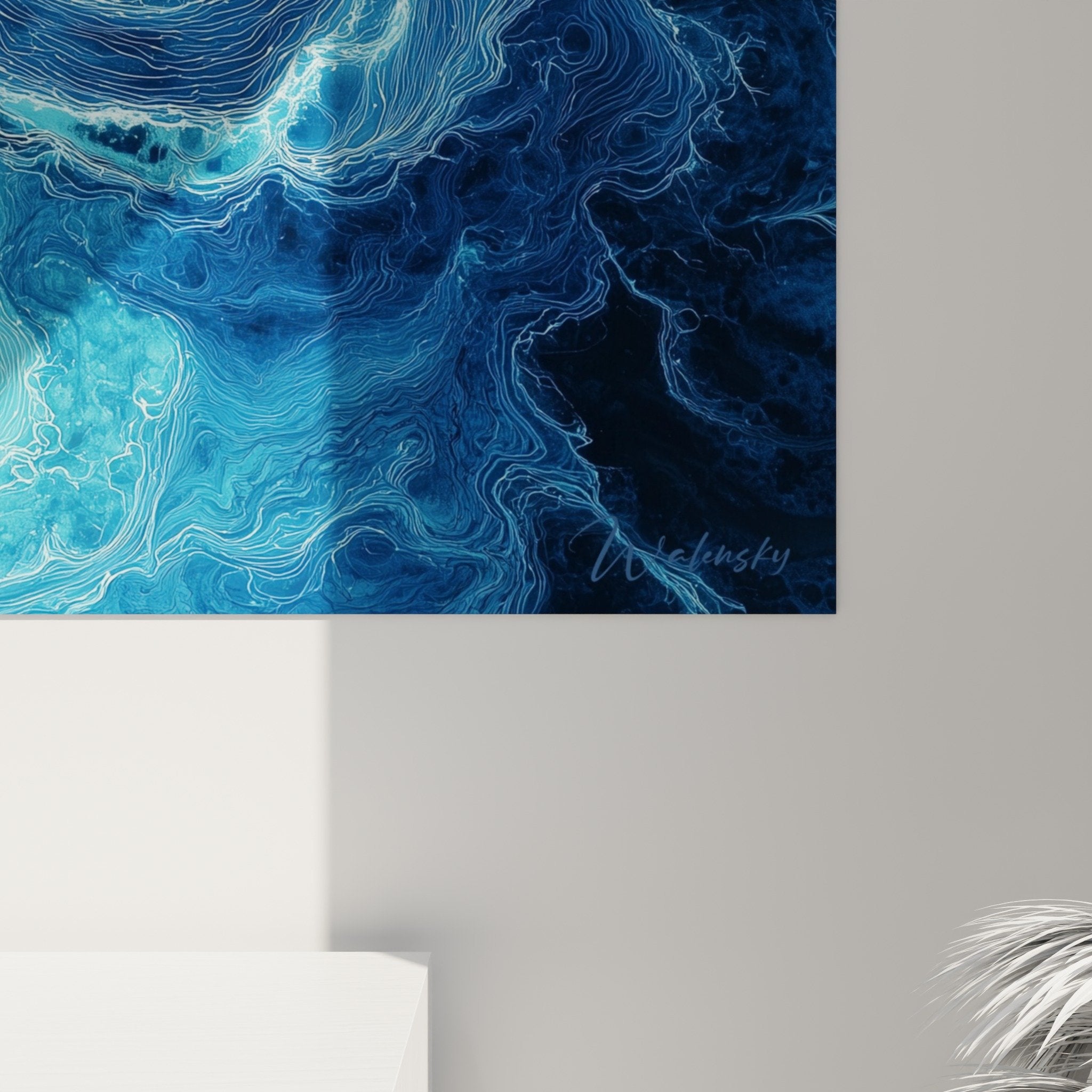 Vue ensemble tableau tourbillons bleus spirales oceanique decoration interieur feng shui nord eau