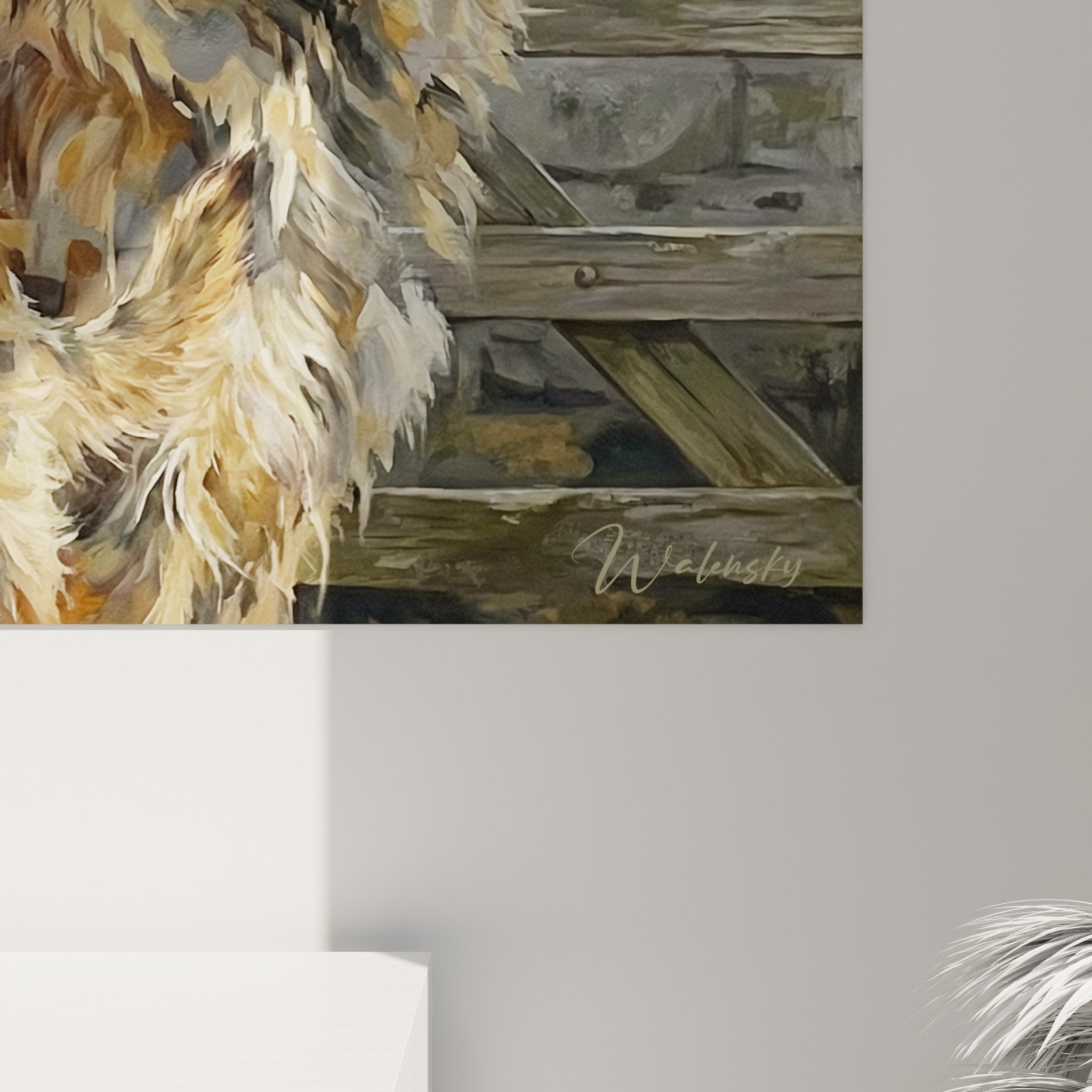 Vue ensemble tableau trois chiens berger picard composition equilibree art mural canin