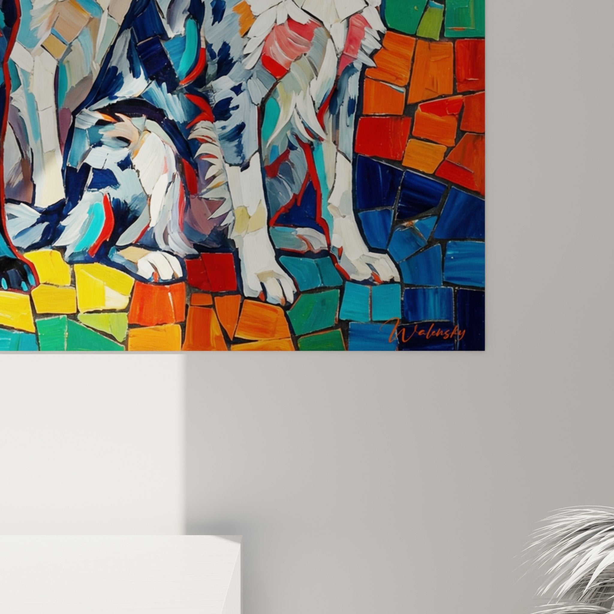 Vue ensemble tableau trois Mudis mosaique geometrique palette vive orange bleu decoration murale Edition Mudi