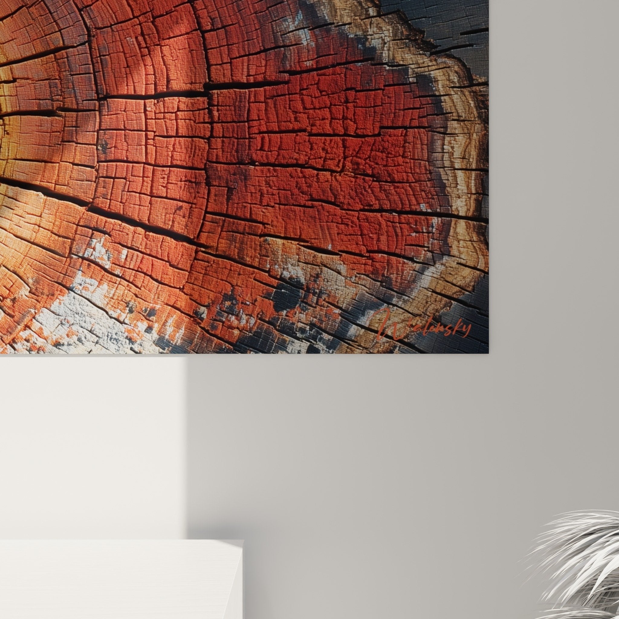 Gesamtansicht panoramisches Gemälde Baumstamm Orange- und Grautöne Wanddekoration Feng-Shui Osten Holz