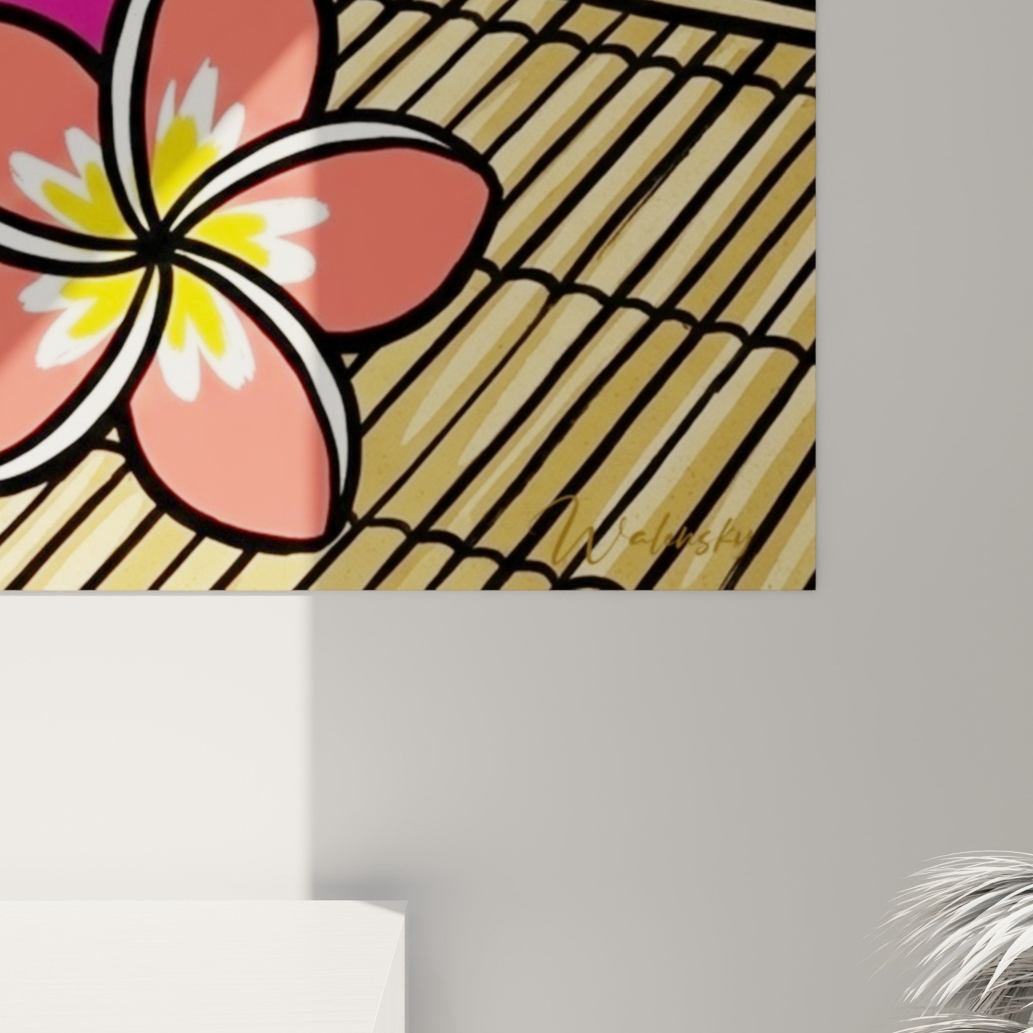 Vue ensemble tableau tropical bol rose sur bambou fond turquoise décoration Bali