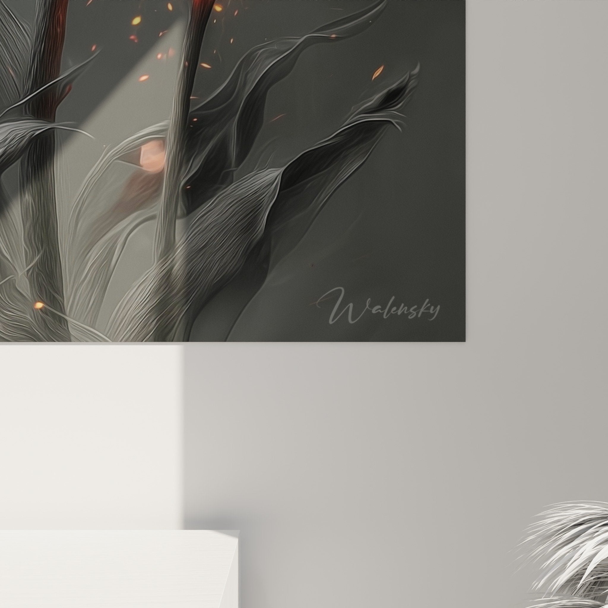 Vue ensemble tableau tulipes embrasees mur decoration salon feng shui sud feu ambiance dramatique