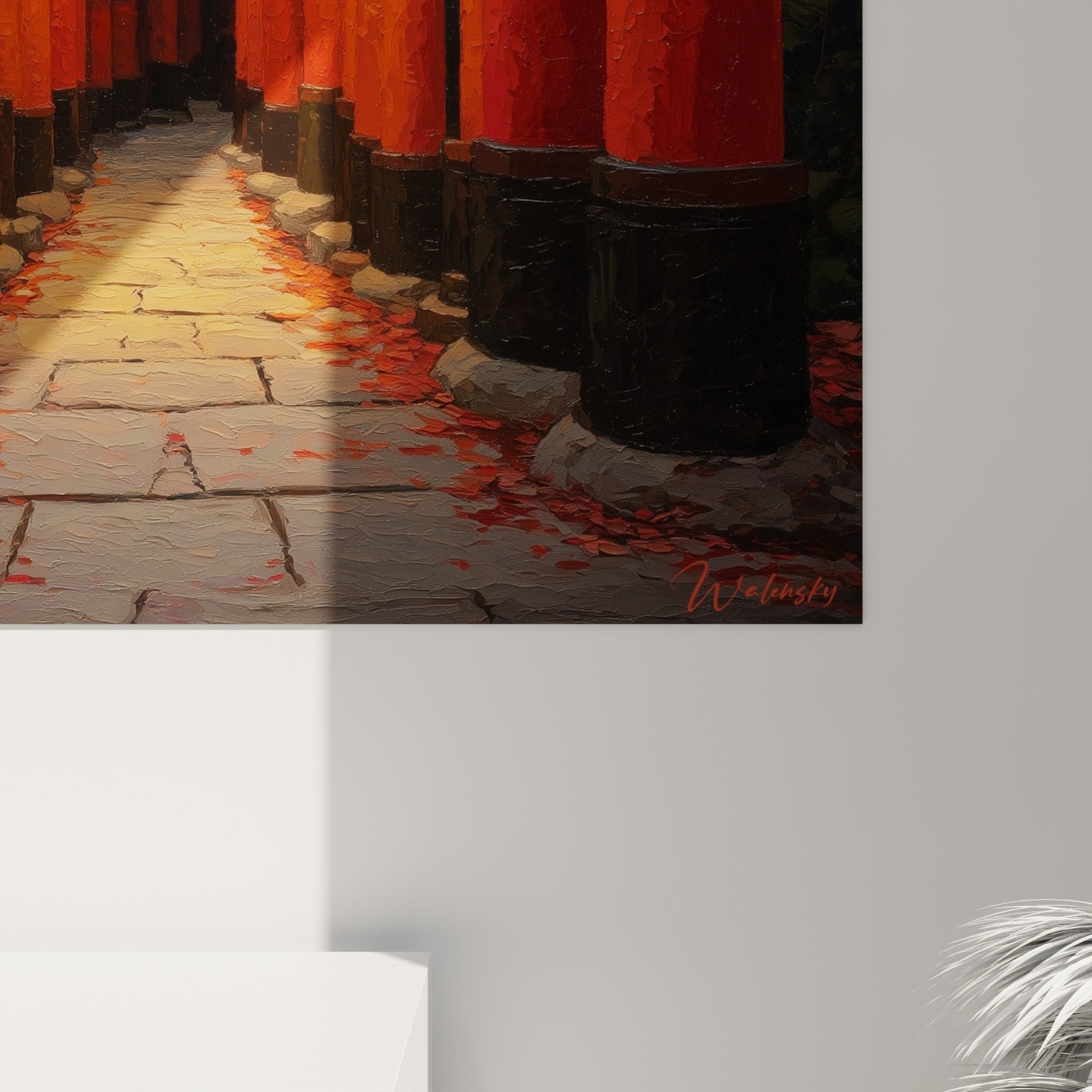 Vue ensemble tableau mural tunnel architectural rouge orange lanterne doree perspective torii