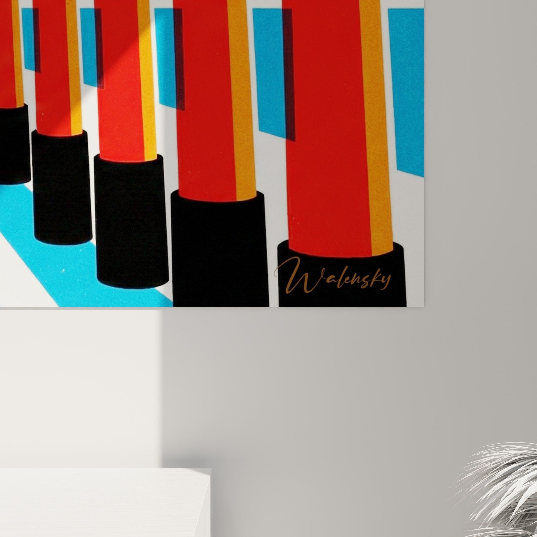 Gesamtansicht Wandbild Tunnelperspektive Rot Blau moderne Inneneinrichtung buddhistischer Tempel
