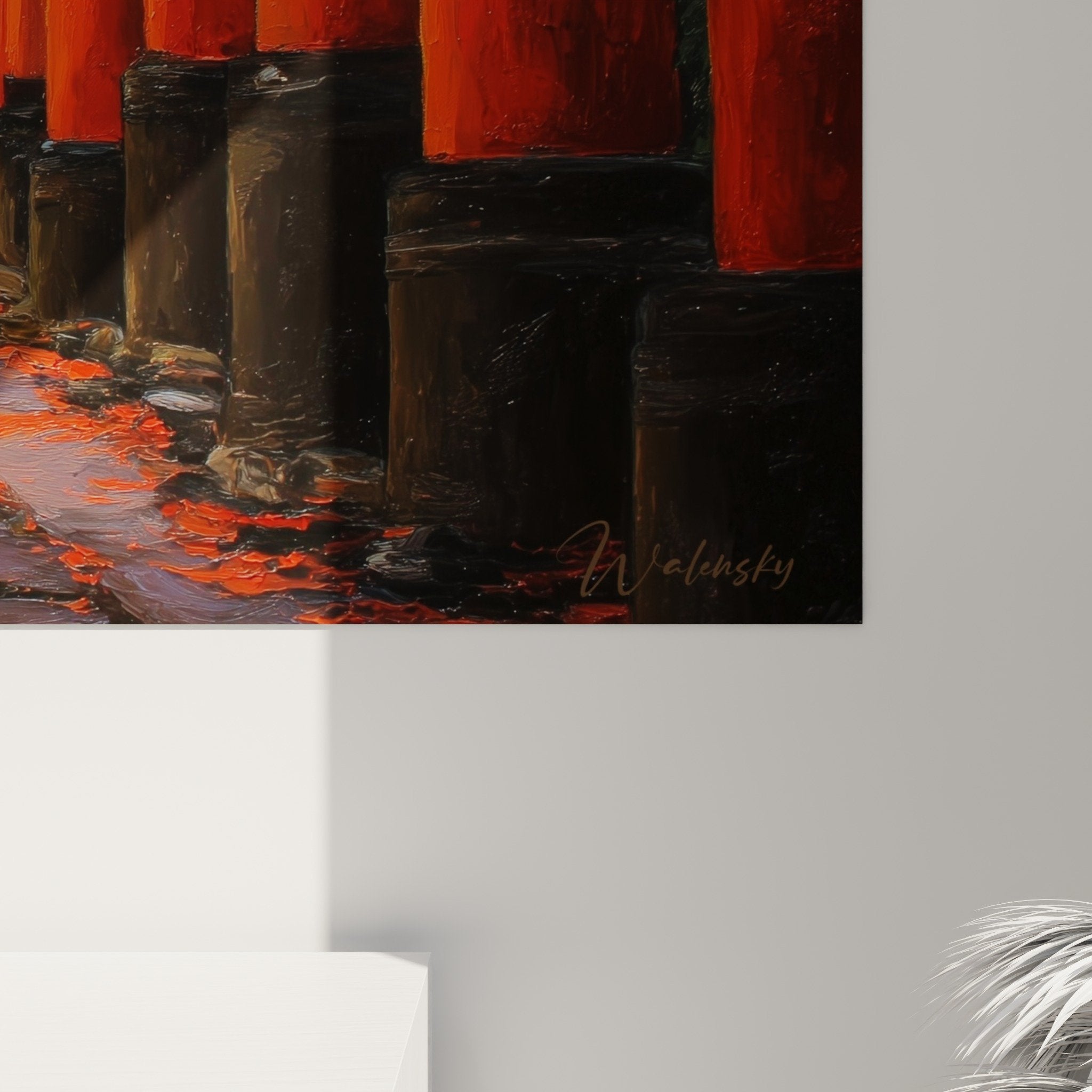 Full view red torii tunnel painting infinite perspective Japanese sanctuary wall art decoration