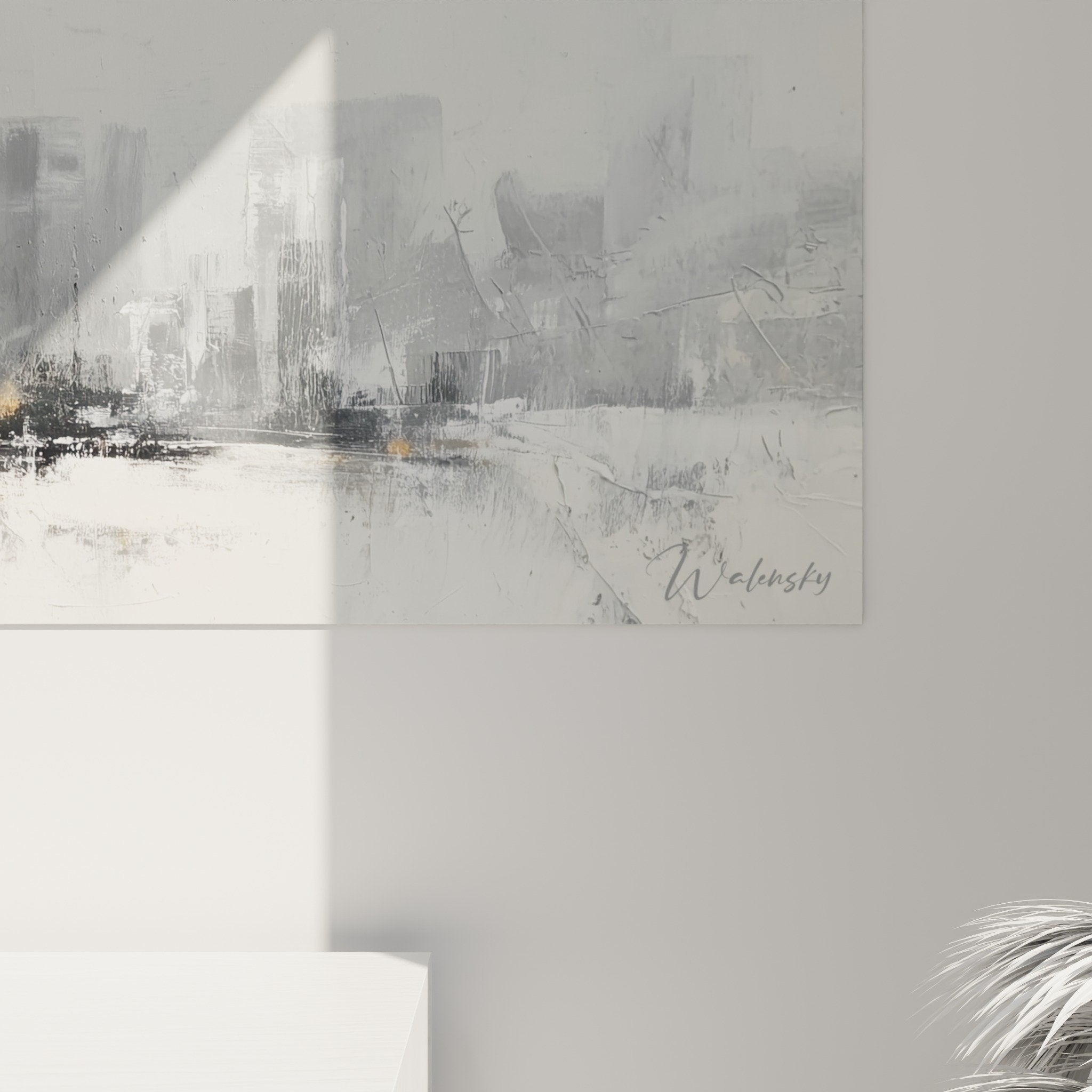Vue ensemble tableau urbain abstrait gris blanc salon moderne decoration murale Feng shui Ouest Metal