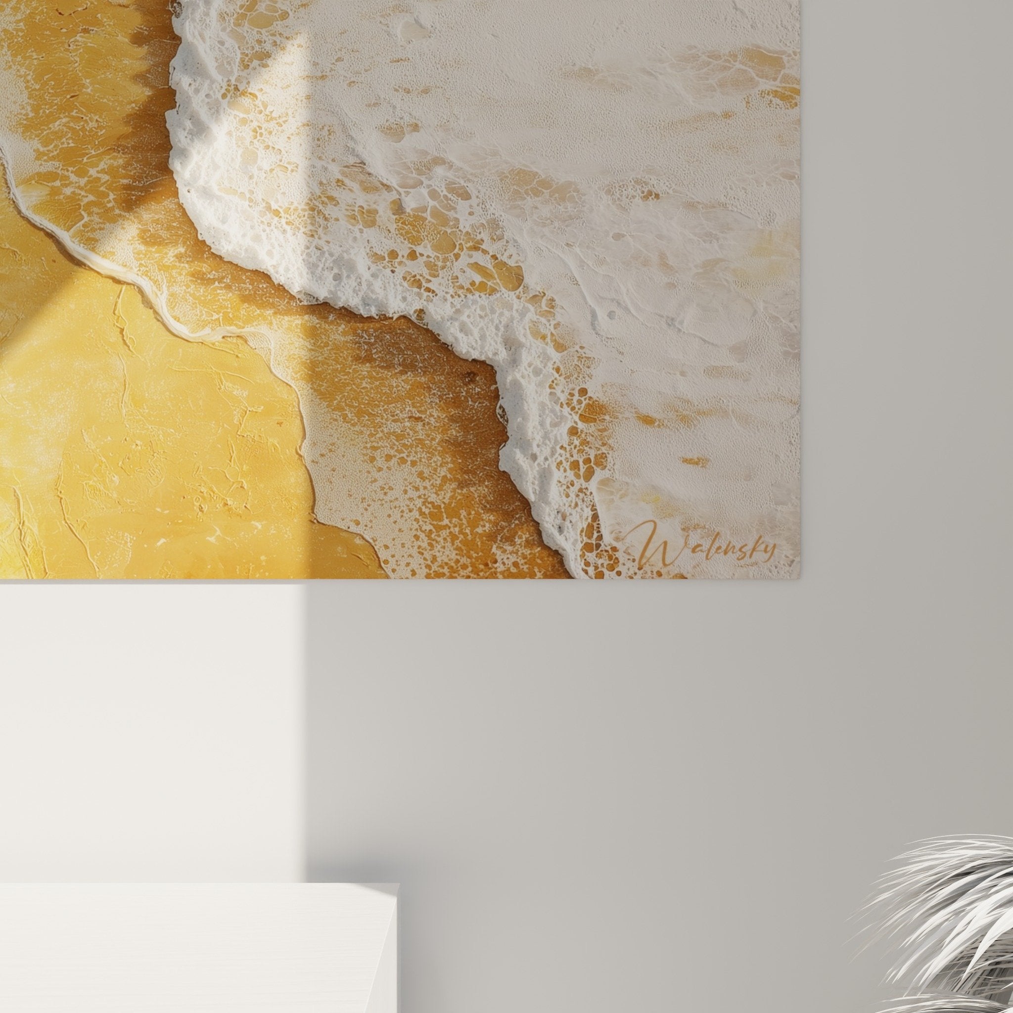 Gesamtansicht Wellen-Wandbild goldener Strand Feng-Shui Wanddekoration Erdmitte modernes Wohnzimmer