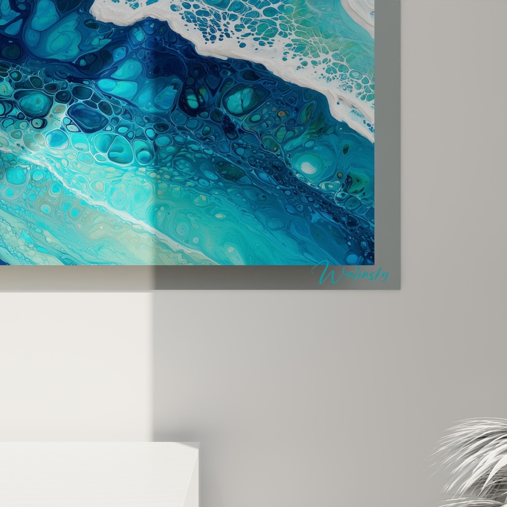Abstract turquoise waves wall art interior decoration feng shui north water element