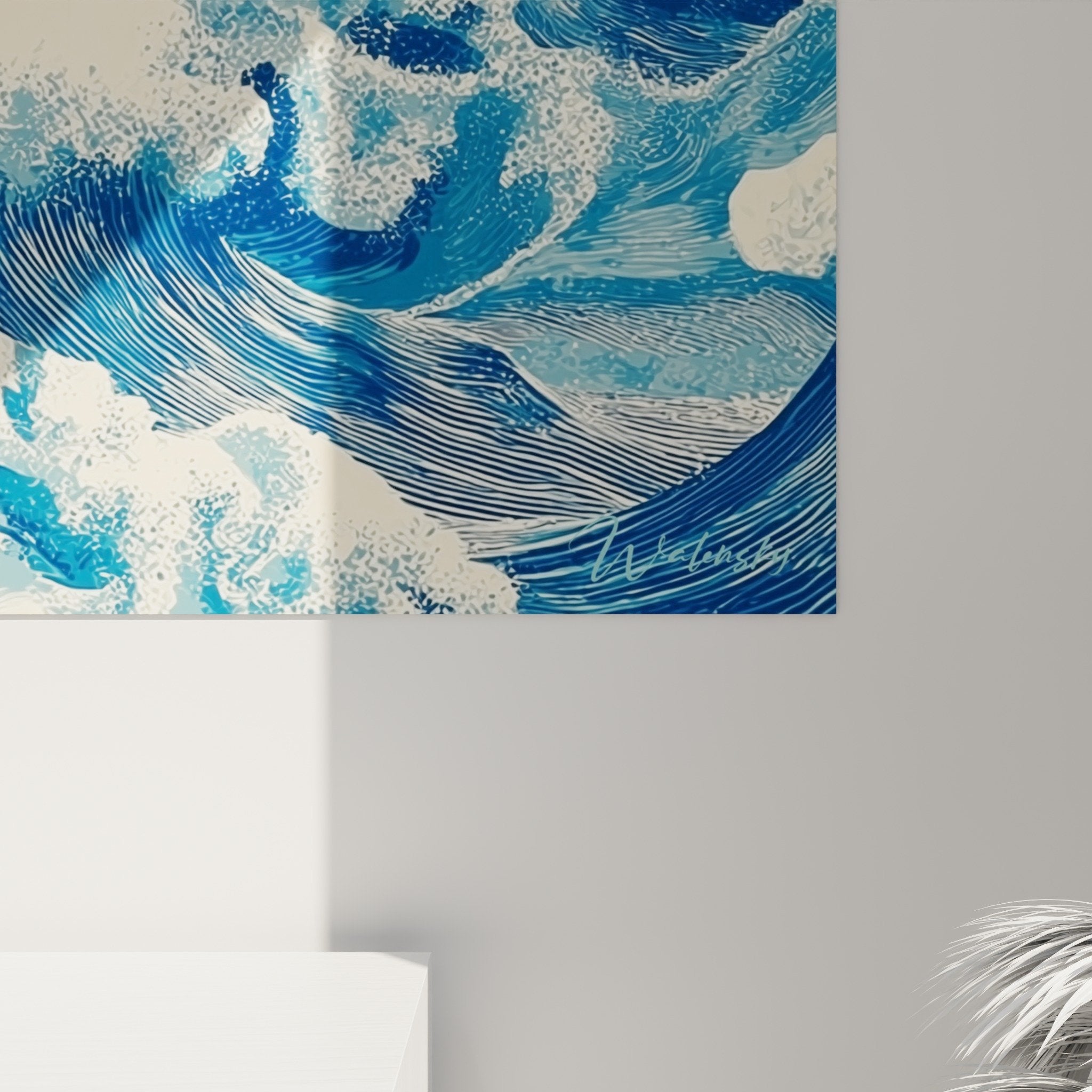 Overview of stylized waves painting blue white wall art contemporary marine decoration