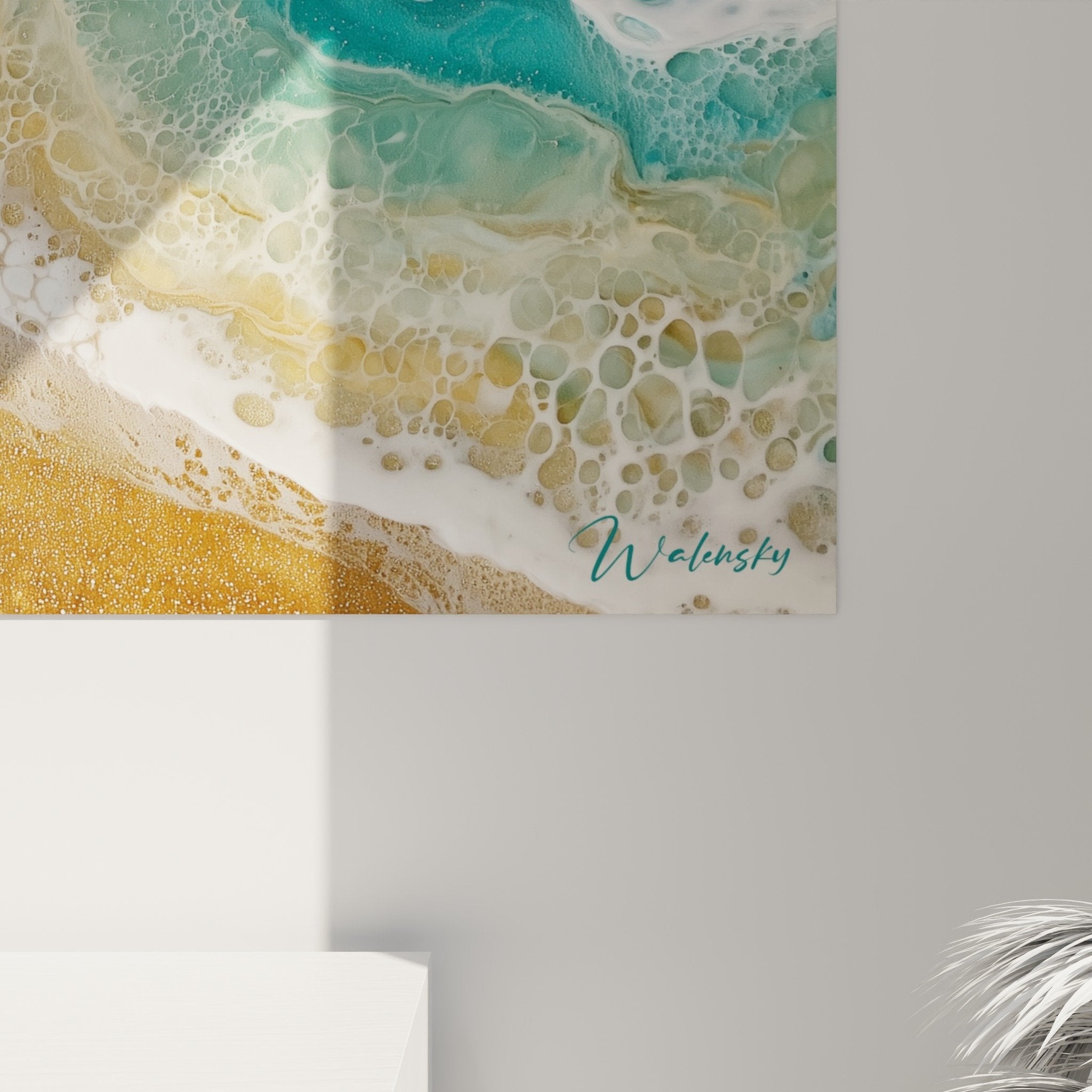 Vue ensemble tableau vagues turquoise sable dore feng shui nord eau