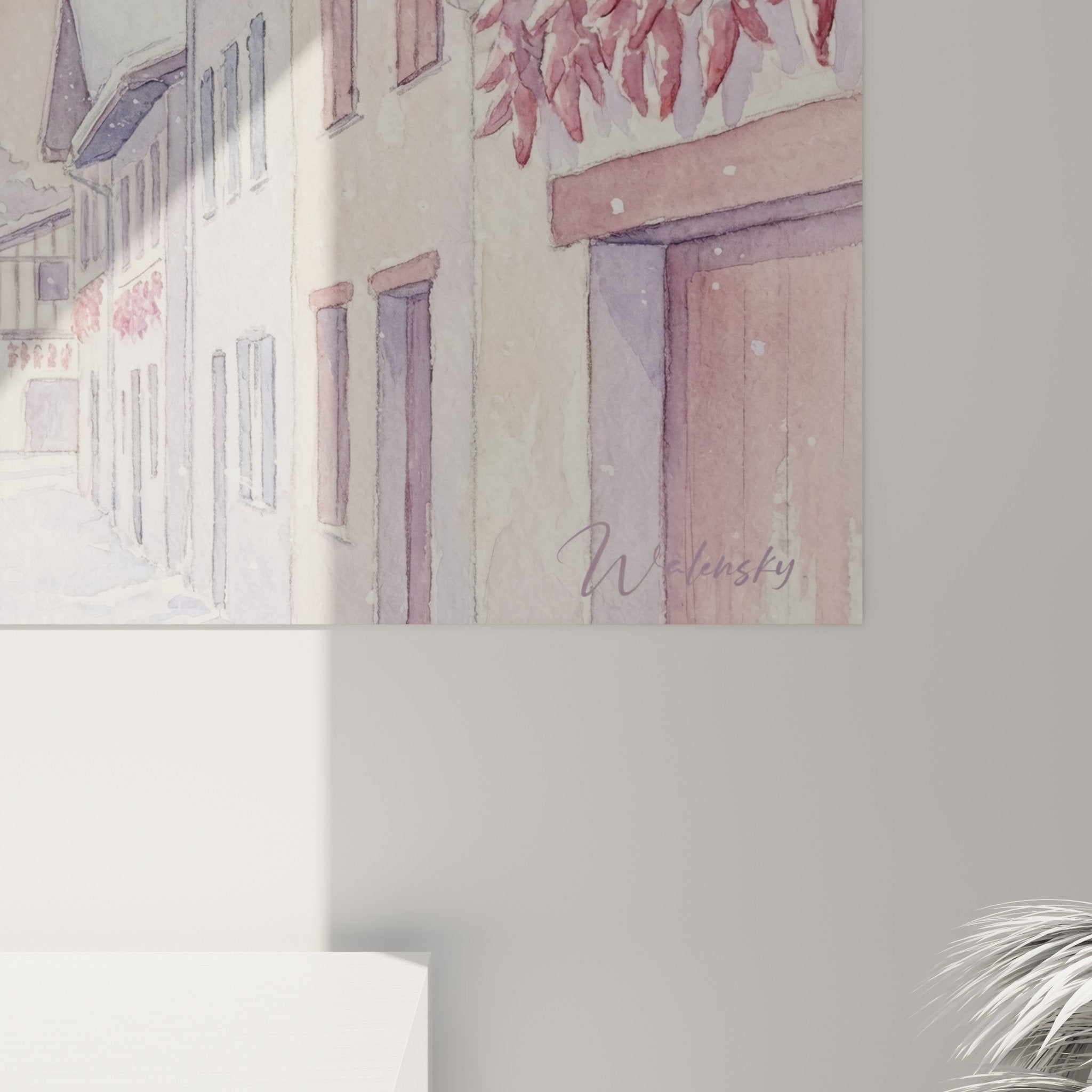 Vue ensemble tableau village hiver Pays Basque decoration murale aquarelle tons pastel
