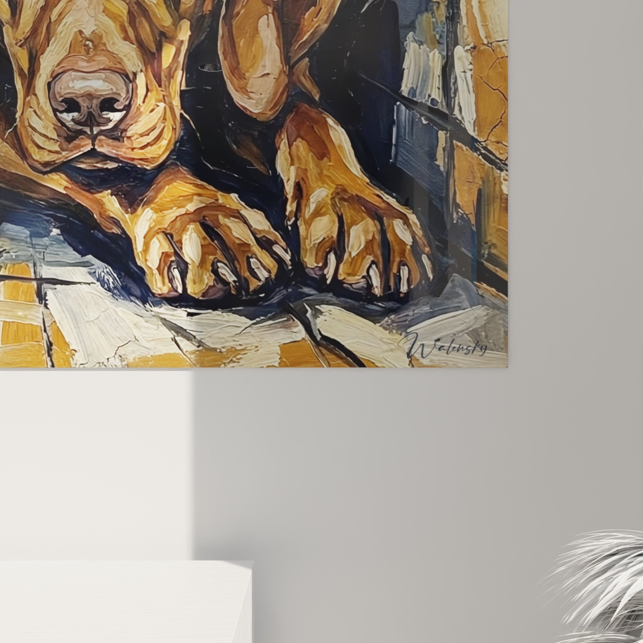Vue ensemble tableau chien vizsla marron decoration murale salon style contemporain art canin