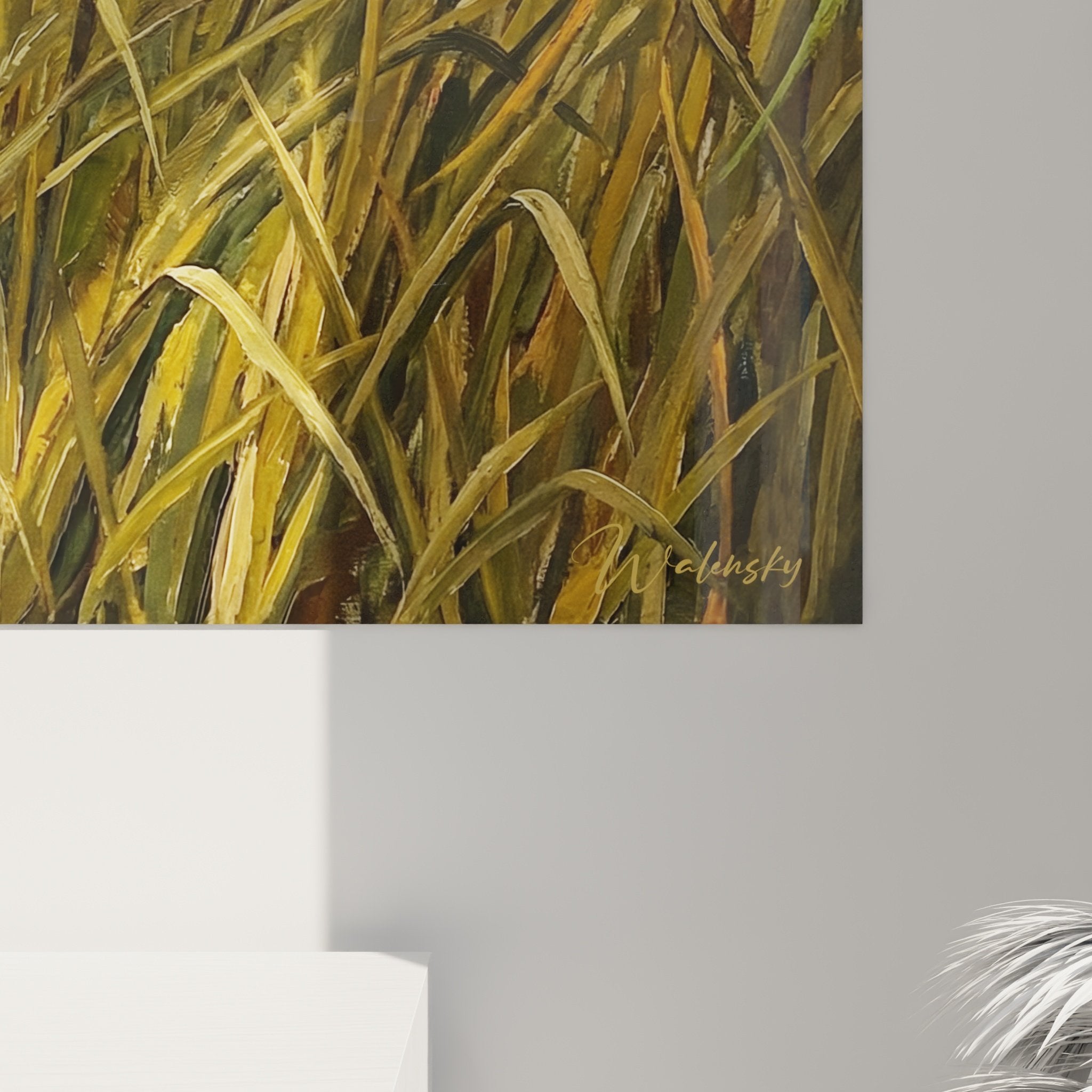 Vue ensemble tableau Vizsla herbes hautes deco murale salon ambiance nature authentique chaleureuse