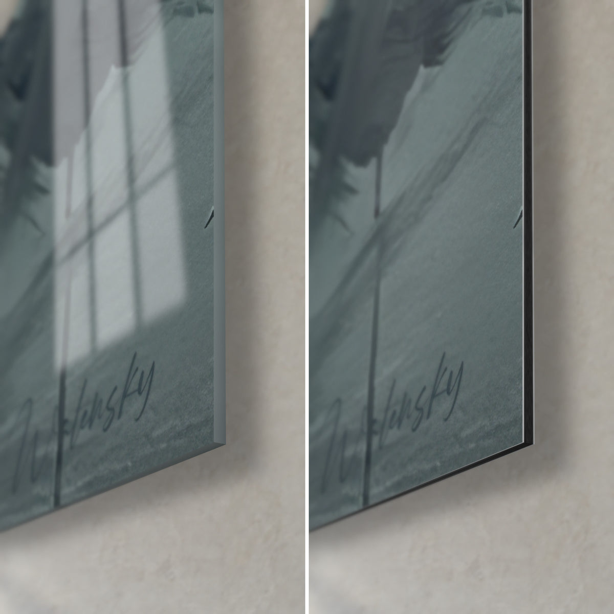 Cuadro terrier blanco, esquina inferior derecha: cristal acrílico brillante con reflejos a la izquierda, aluminio Dibond mate a la derecha, borde negro de 3 mm
