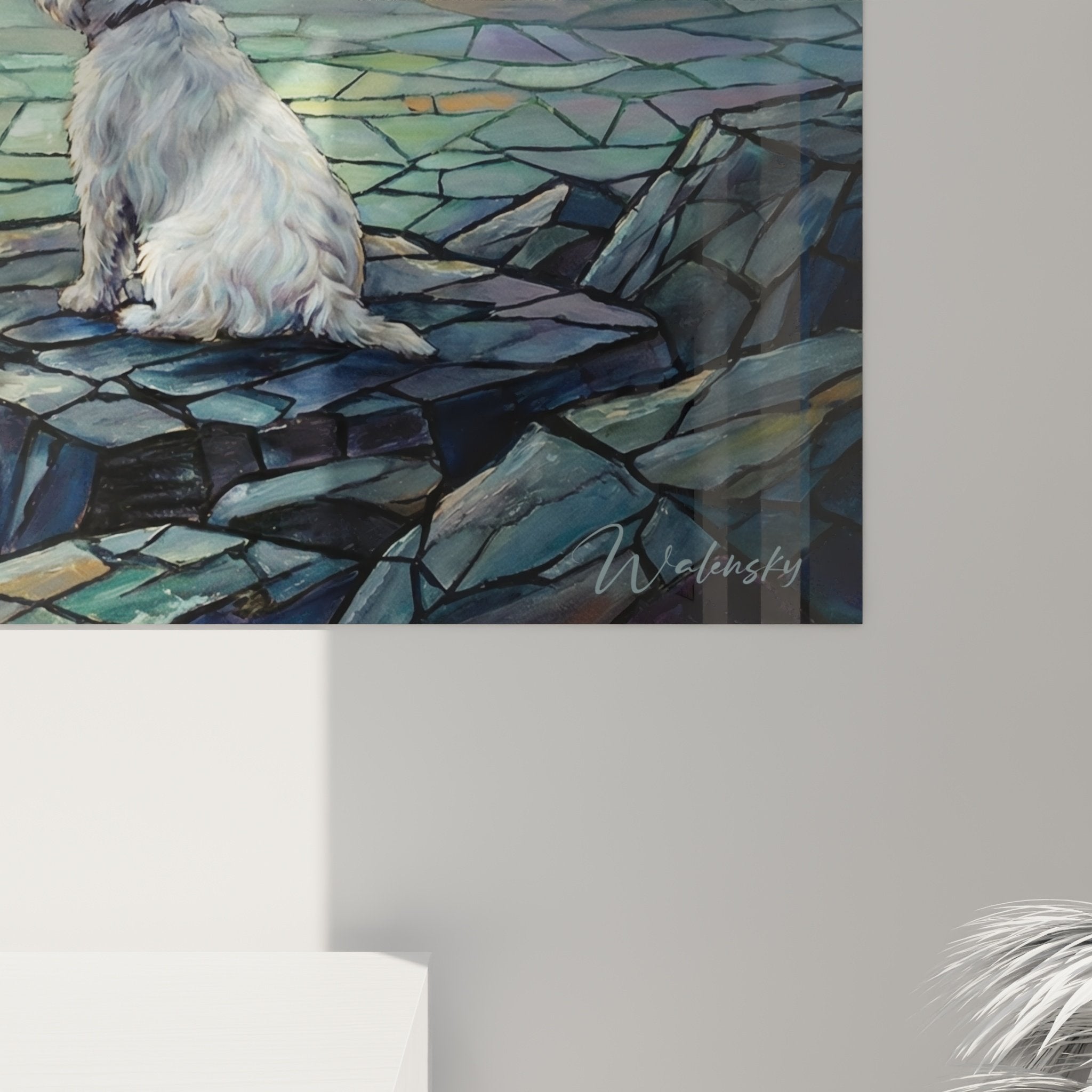 Gesamtansicht des West Highland Terrier Gemäldes mit nebliger Hafenszene, Booten und warmem Licht