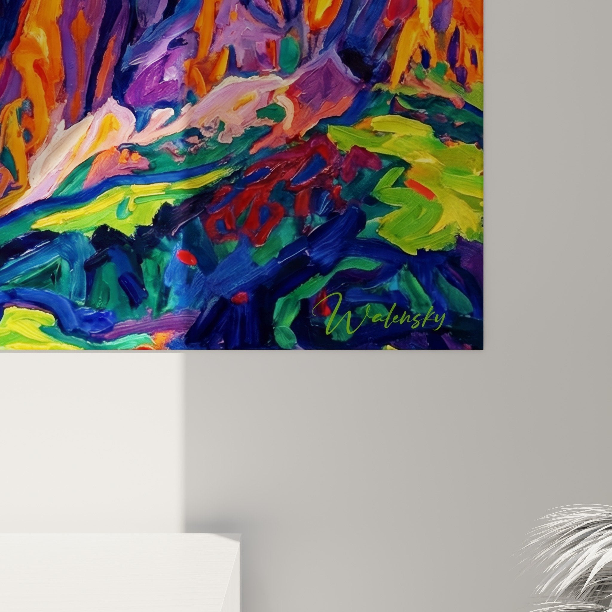 Gesamtansicht Wingsuit-Gemälde Berglandschaft farbige Innendekoration modernes Wohnzimmer lebendige Wandkunst
