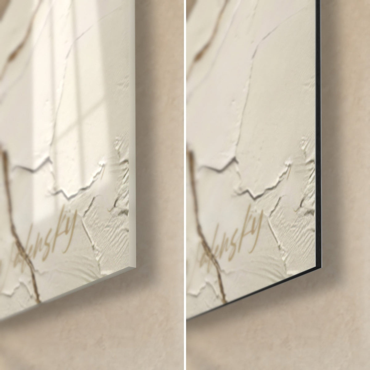 Schilderij yin yang cirkel in zwart en ivoor impasto, gouden lijnen, rechter onderhoek: glanzend acrylglas en mat Dibond