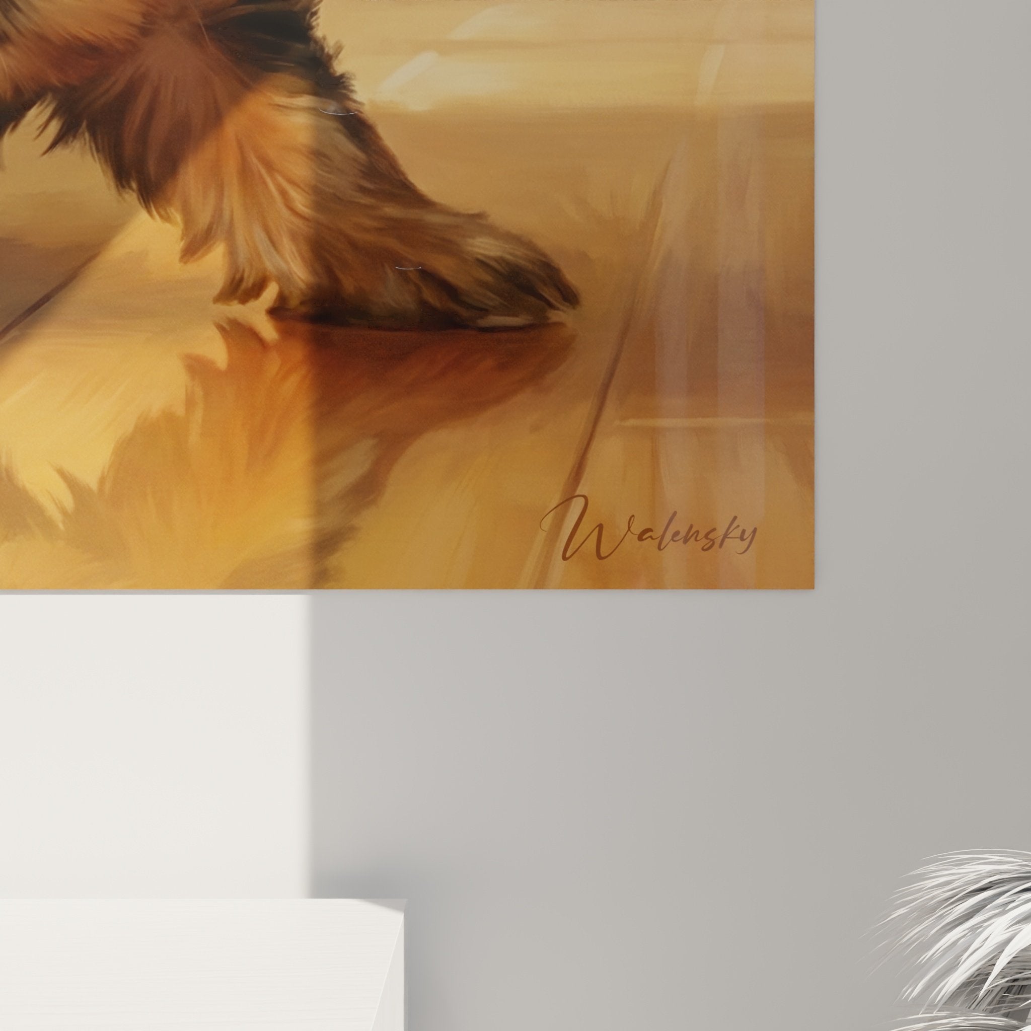 Vue ensemble tableau Yorkshire Terrier chiot tons chauds intégré décoration intérieure moderne