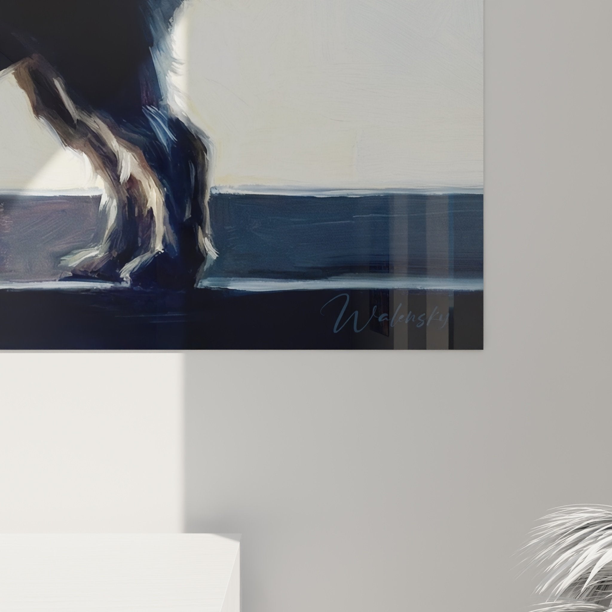 Vue ensemble tableau Yorkshire Terrier fenêtre decoration interieure tons bleus lumiere naturelle