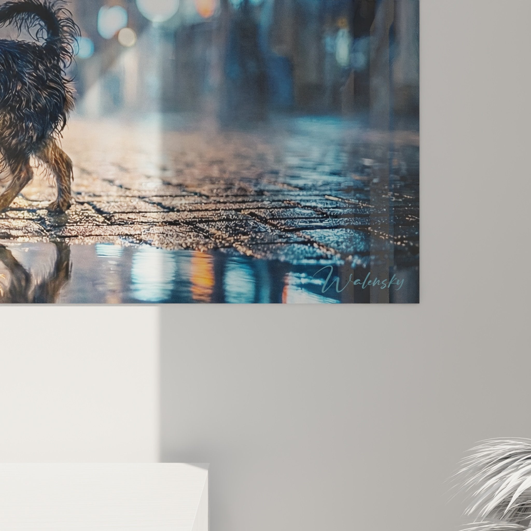 Vue d'ensemble du tableau Yorkshire Terrier urbain nocturne dans intérieur moderne avec éclairage d'ambiance