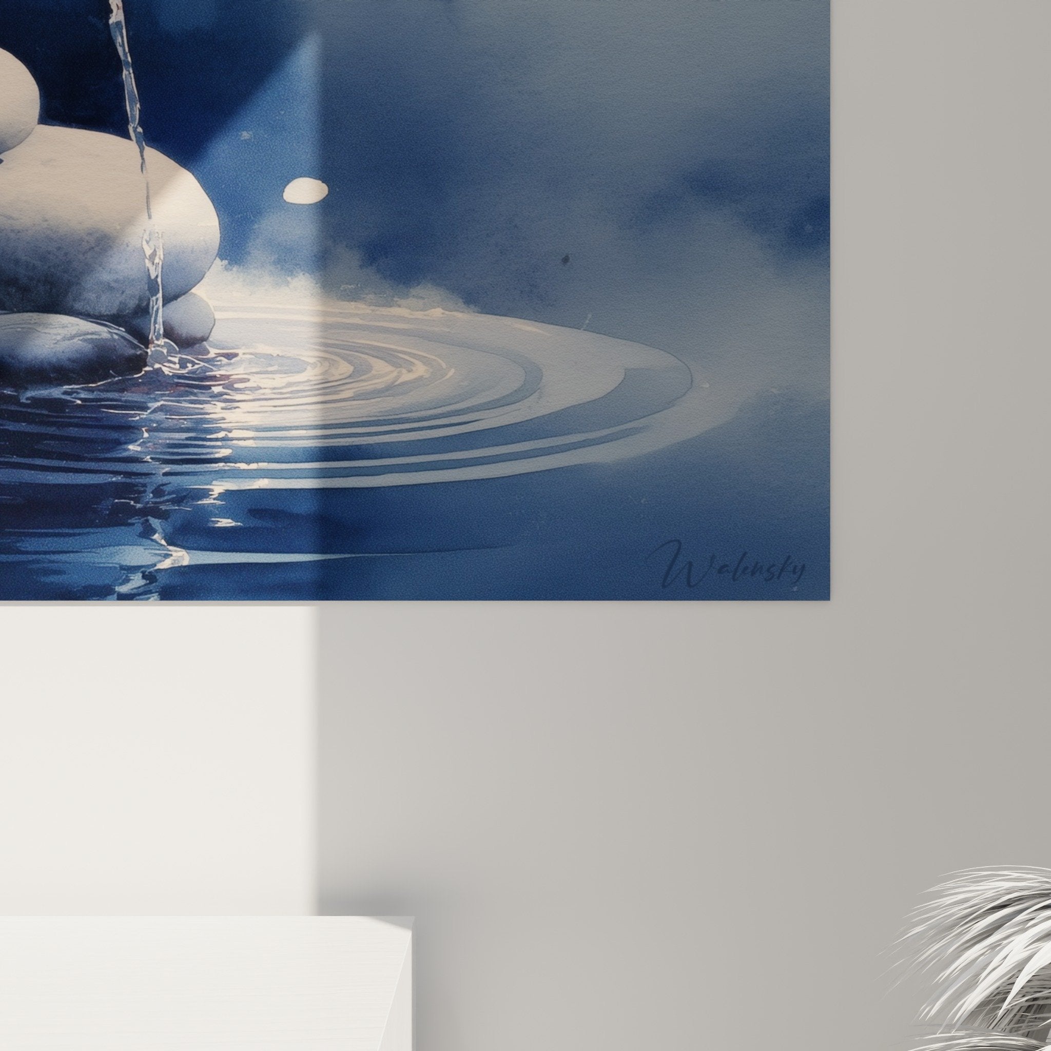 Full view zen bamboo waterfall stacked stones wall art feng shui north water blue tones