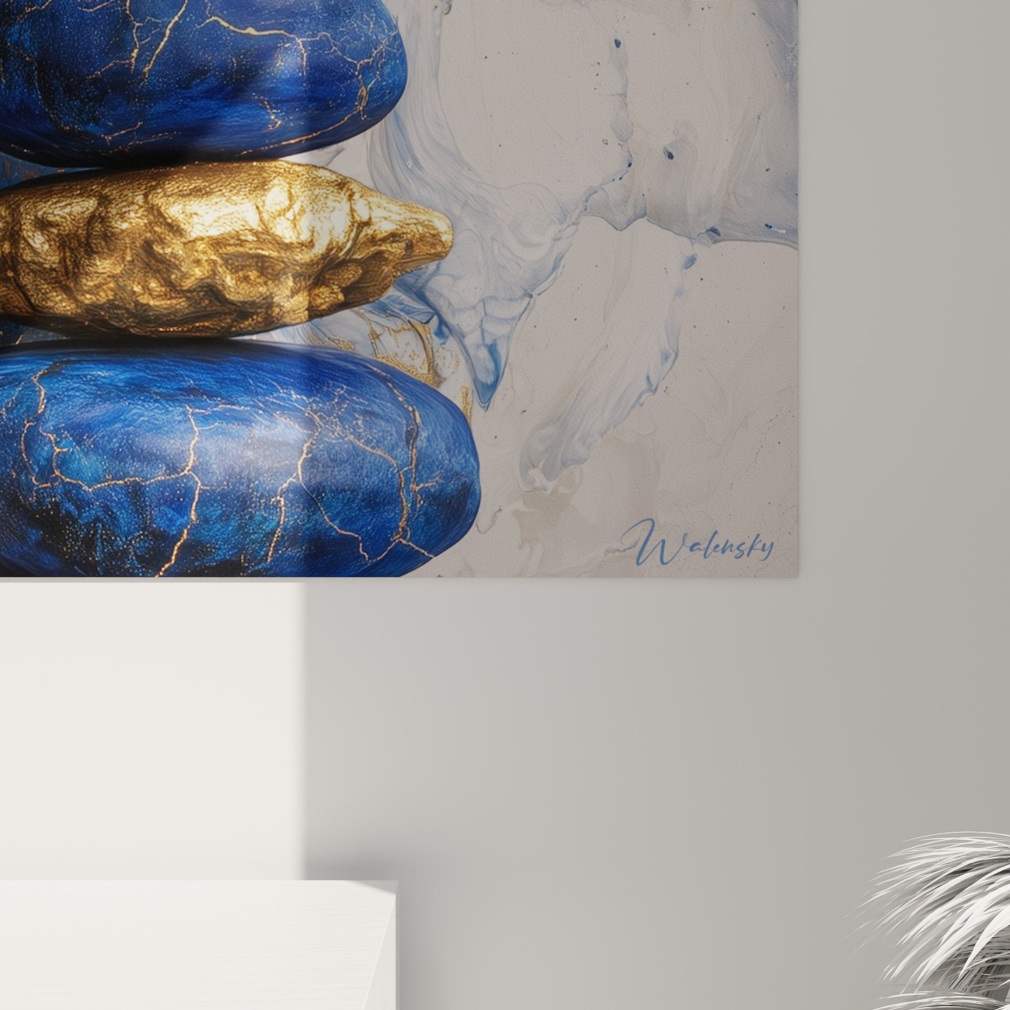 Full view zen painting stacked blue and gold pebbles moon feng shui north water wall decor