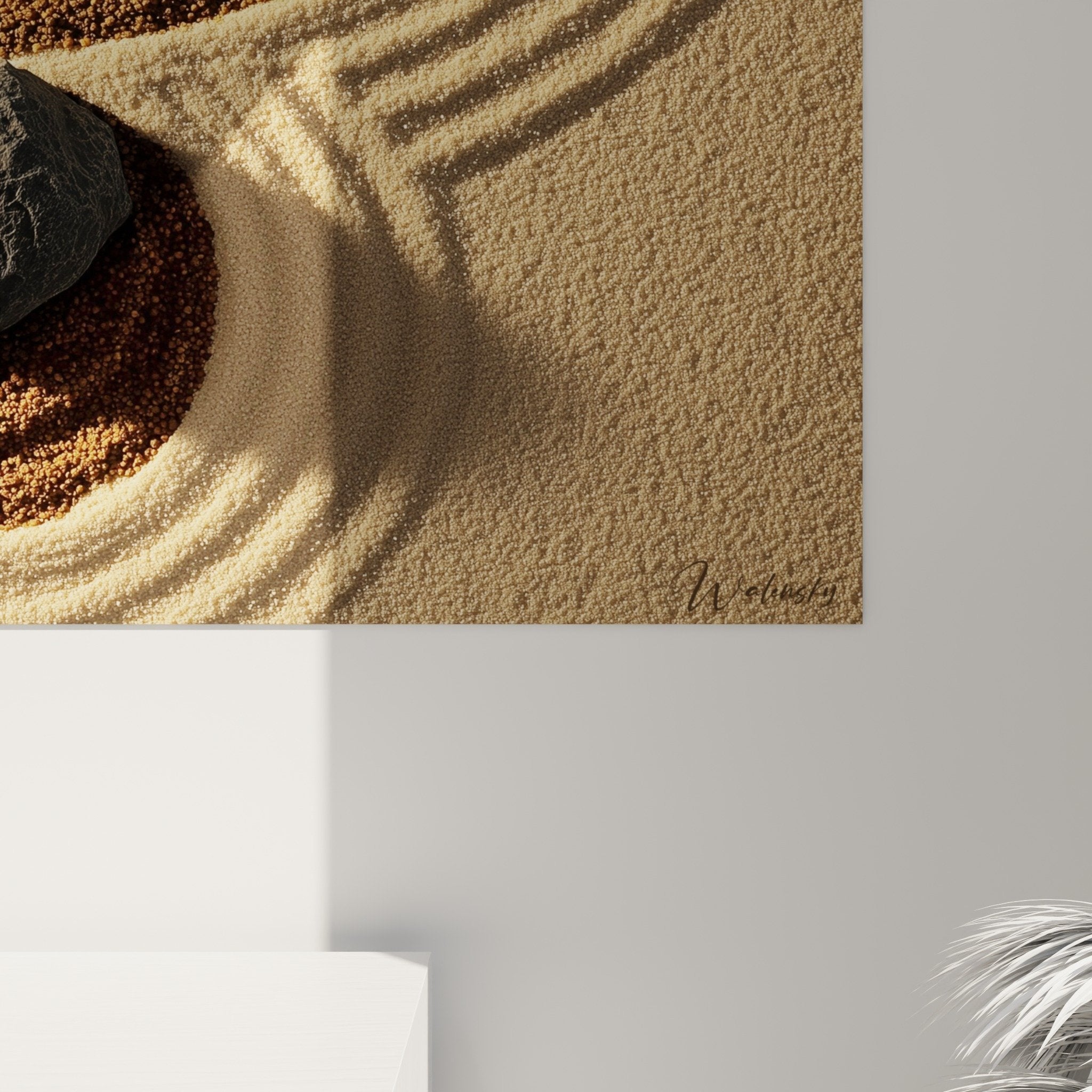 Gesamtansicht Zen-Kunstwerk Meditationssteine Sand konzentrische Kreise Wanddekoration