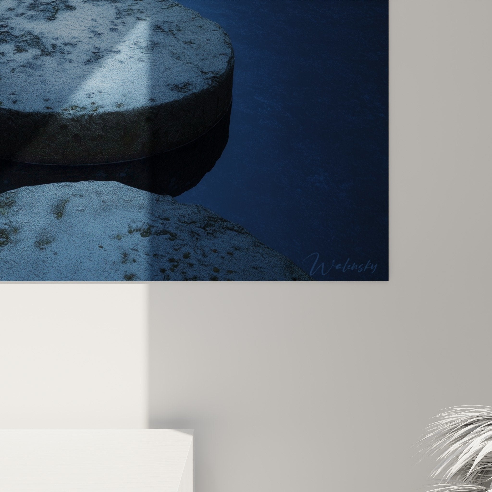 Full view zen stones hanging wall art dark blue calming wall decoration