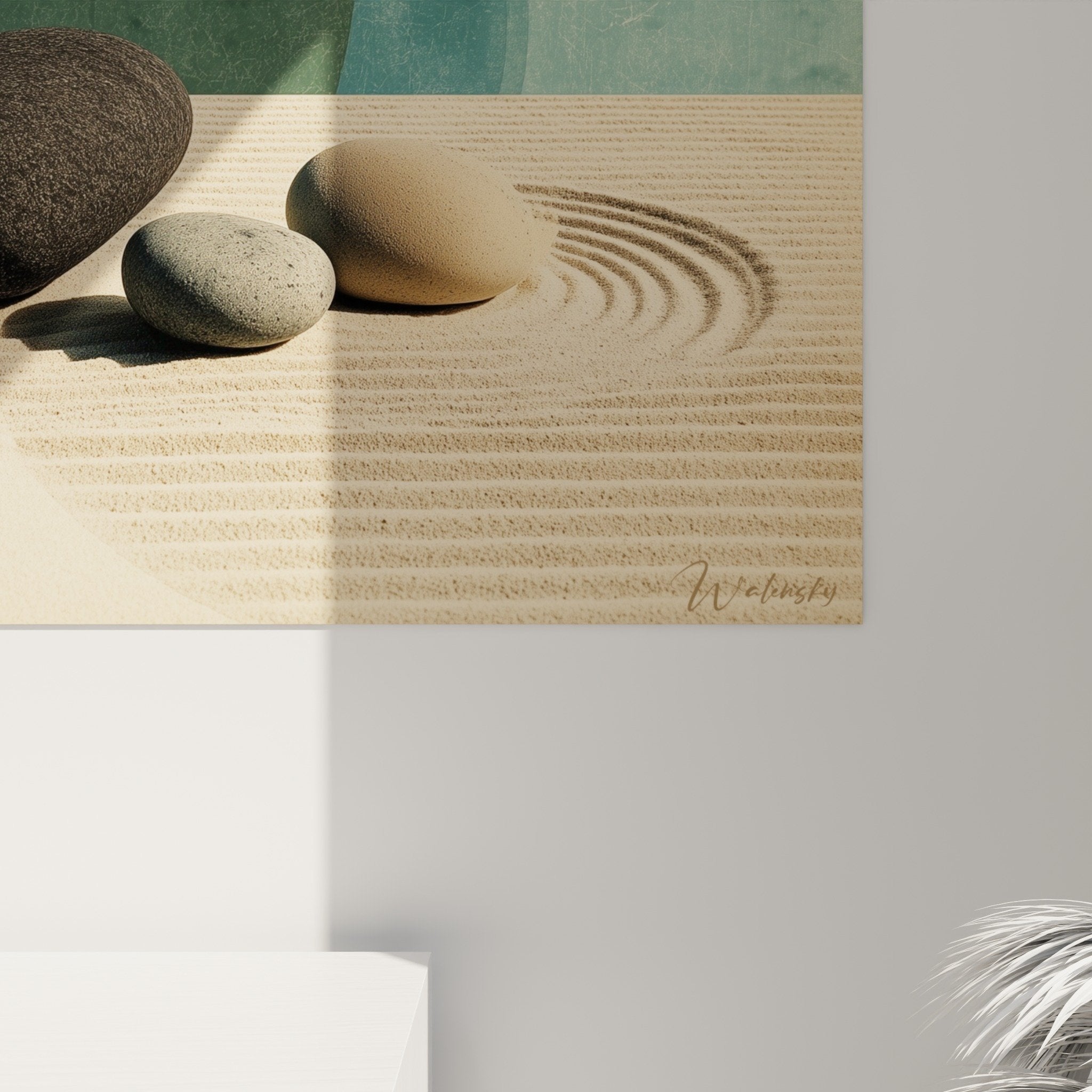 tableau mural zen galets sable perspective decoration interieur moderne minéraliste