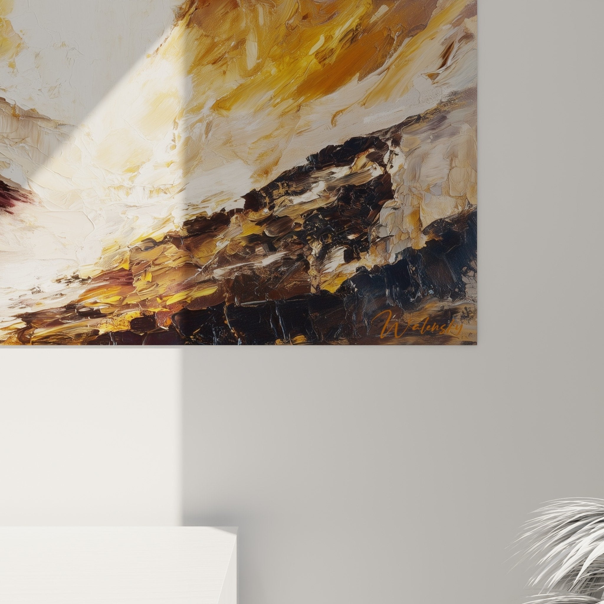 Abstract canvas stormy sky warm tones ochre gold violet swirling composition