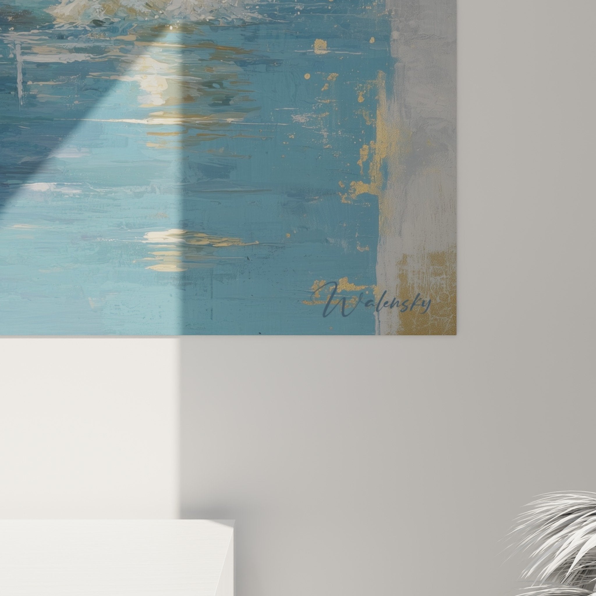 Vue ensemble tableau tigre aquatique - decoration murale salon moderne bleu or
