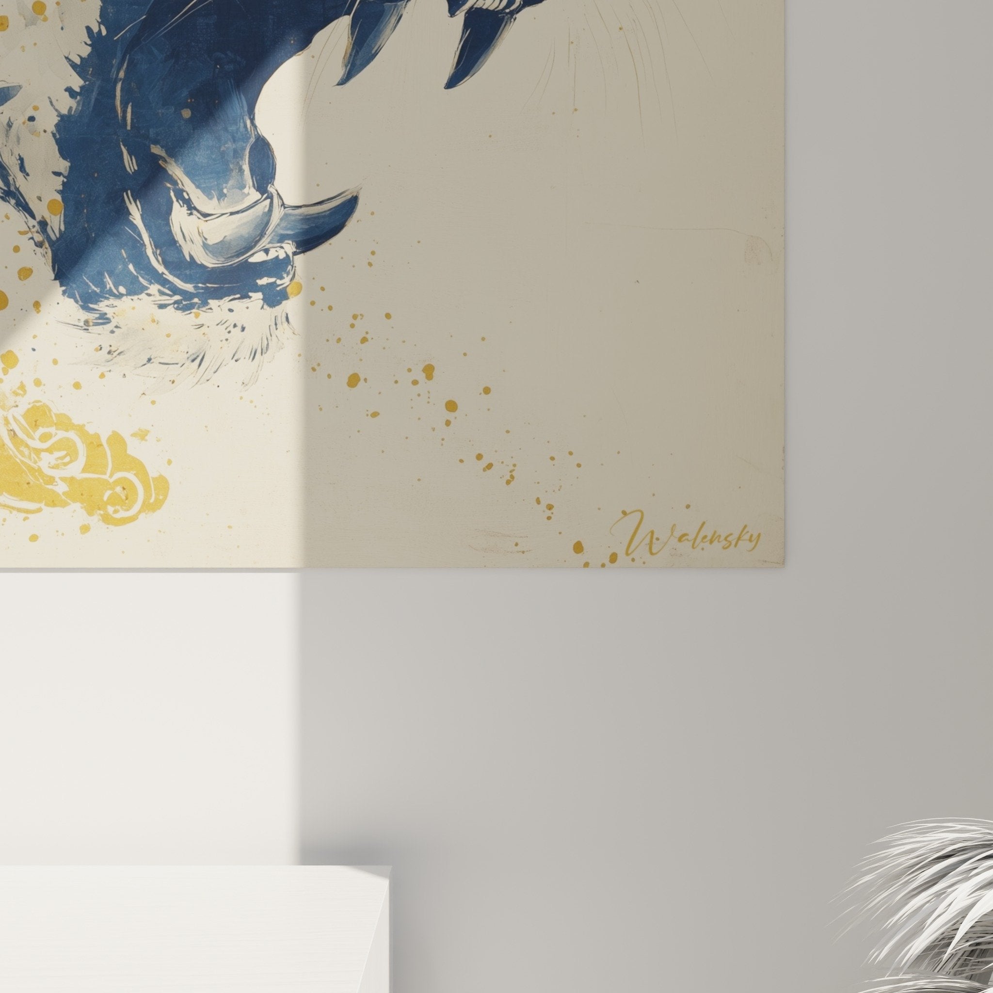 Full view roaring tiger blue and gold artwork in contemporary interior