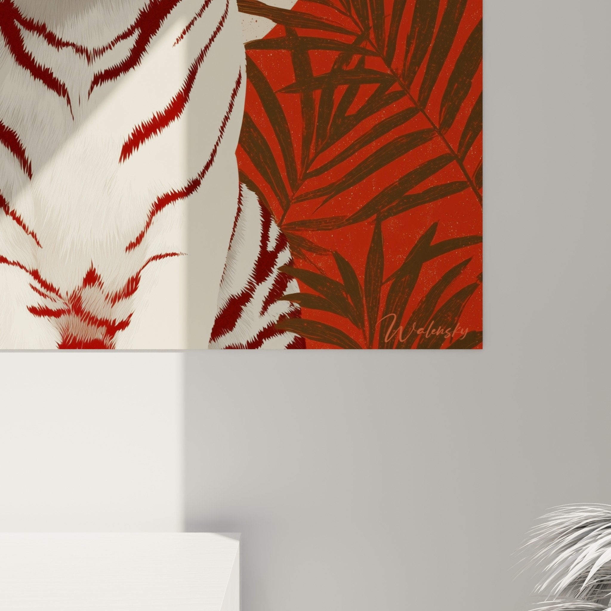 Vue ensemble tableau tigre rouge écarlate composition circulaire lune nacrée végétation stylisée bronze