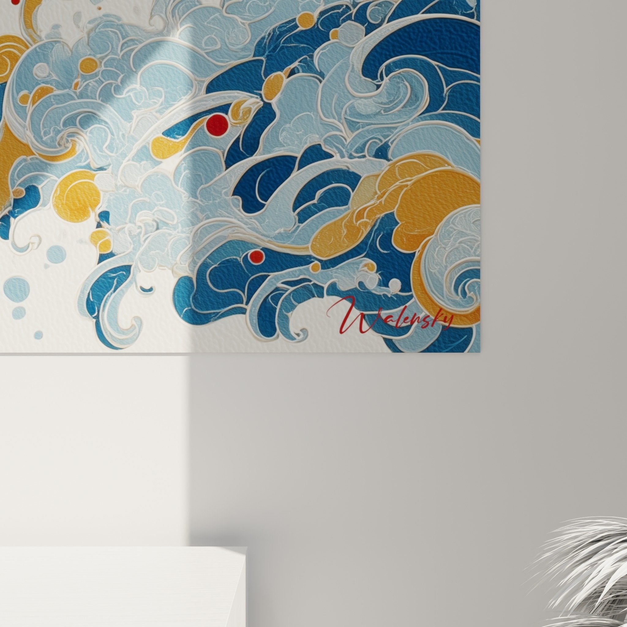 Gesamtansicht Japanisches Tiger-Gemälde Rot Blau stilisierte Wellen moderne Zen-Inneneinrichtung