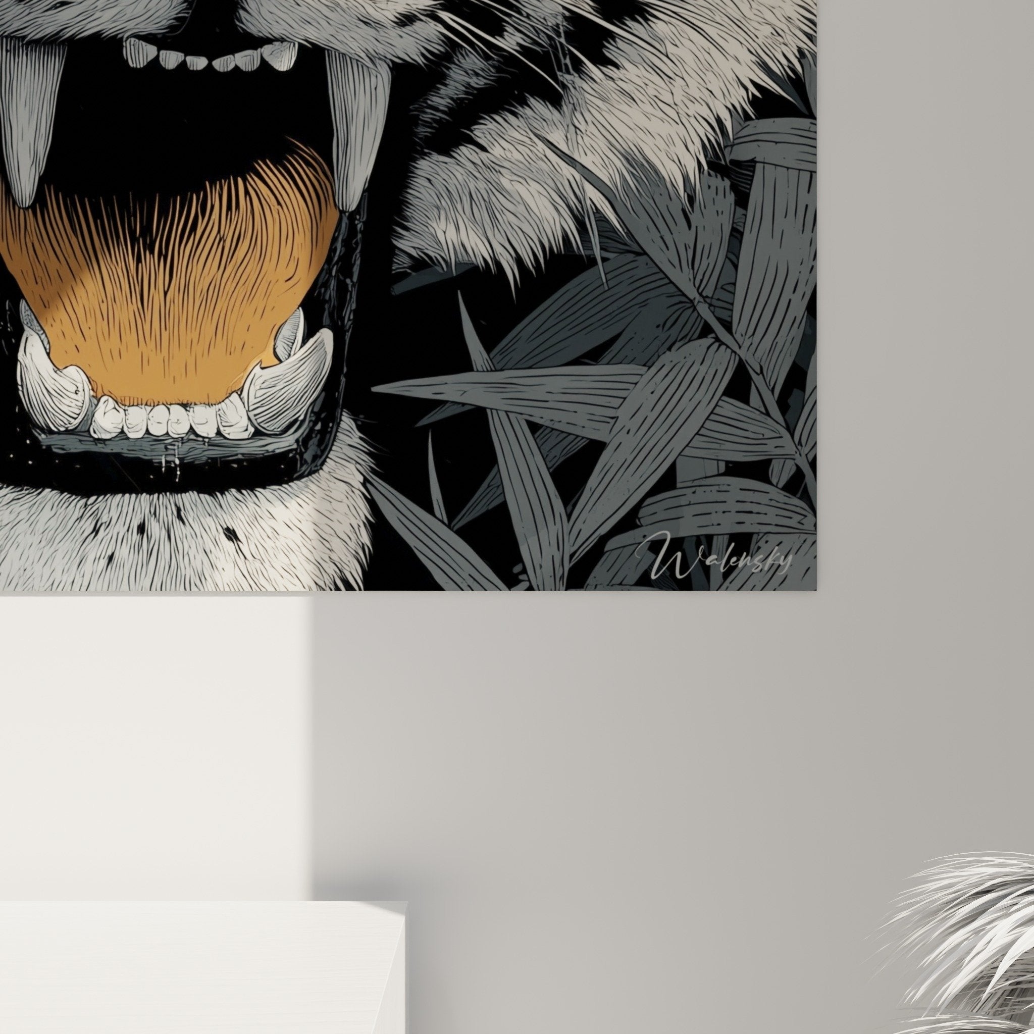 Gesamtansicht Tigerbild orange schwarz grau im modernen Wohnzimmer Wanddekoration wilde zeitgenössische Fauvismus