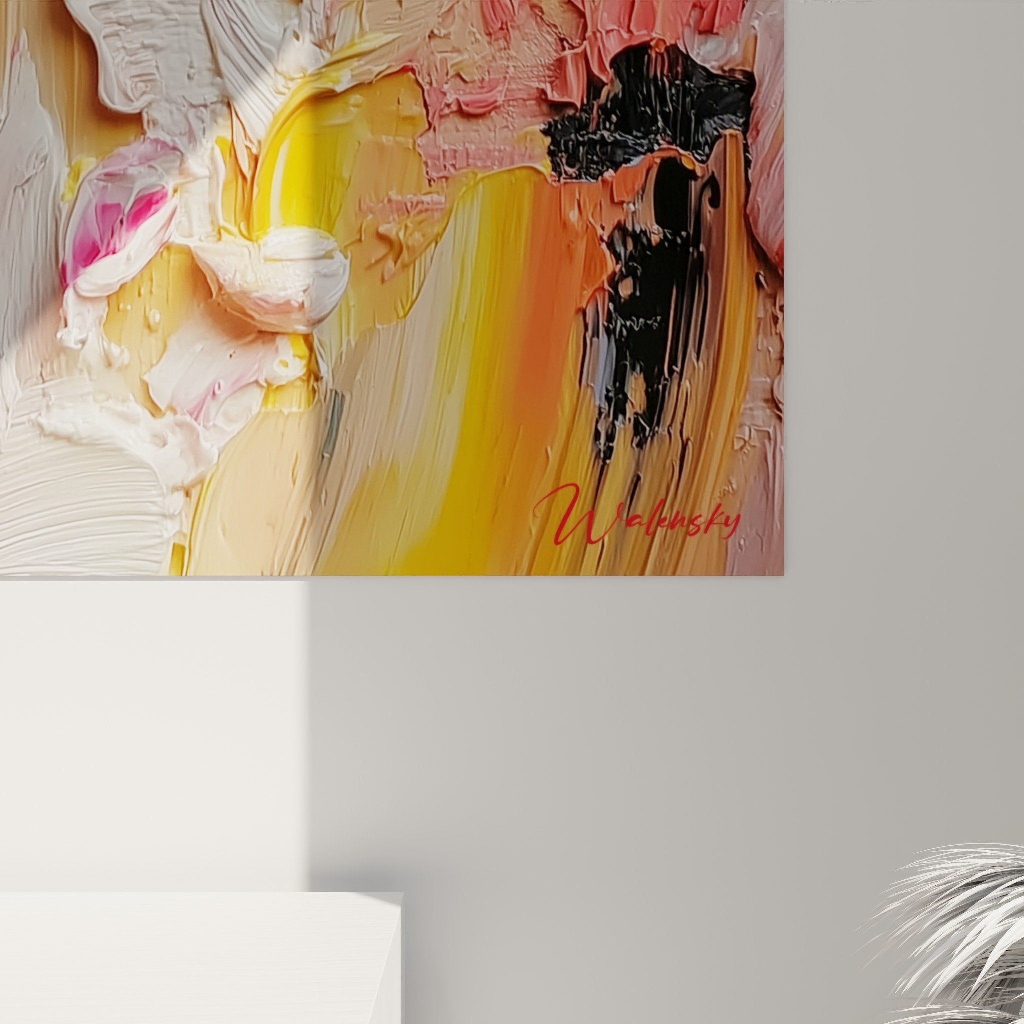 Vue ensemble toile abstraite rose jaune empâtée feng shui sud-ouest terre composition harmonieuse