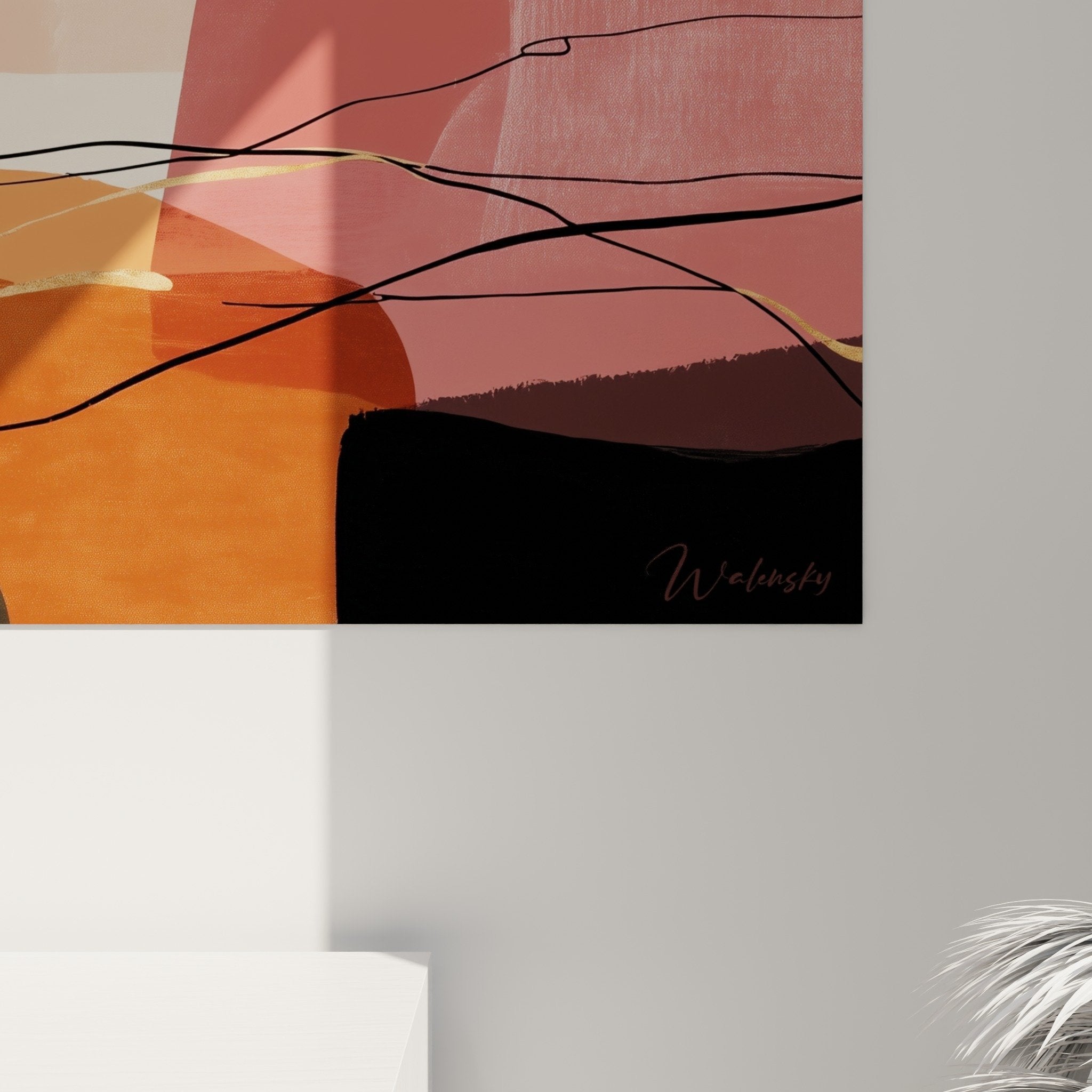 Vue ensemble toile abstraite panoramique couleurs chaudes terracotta orange salon moderne