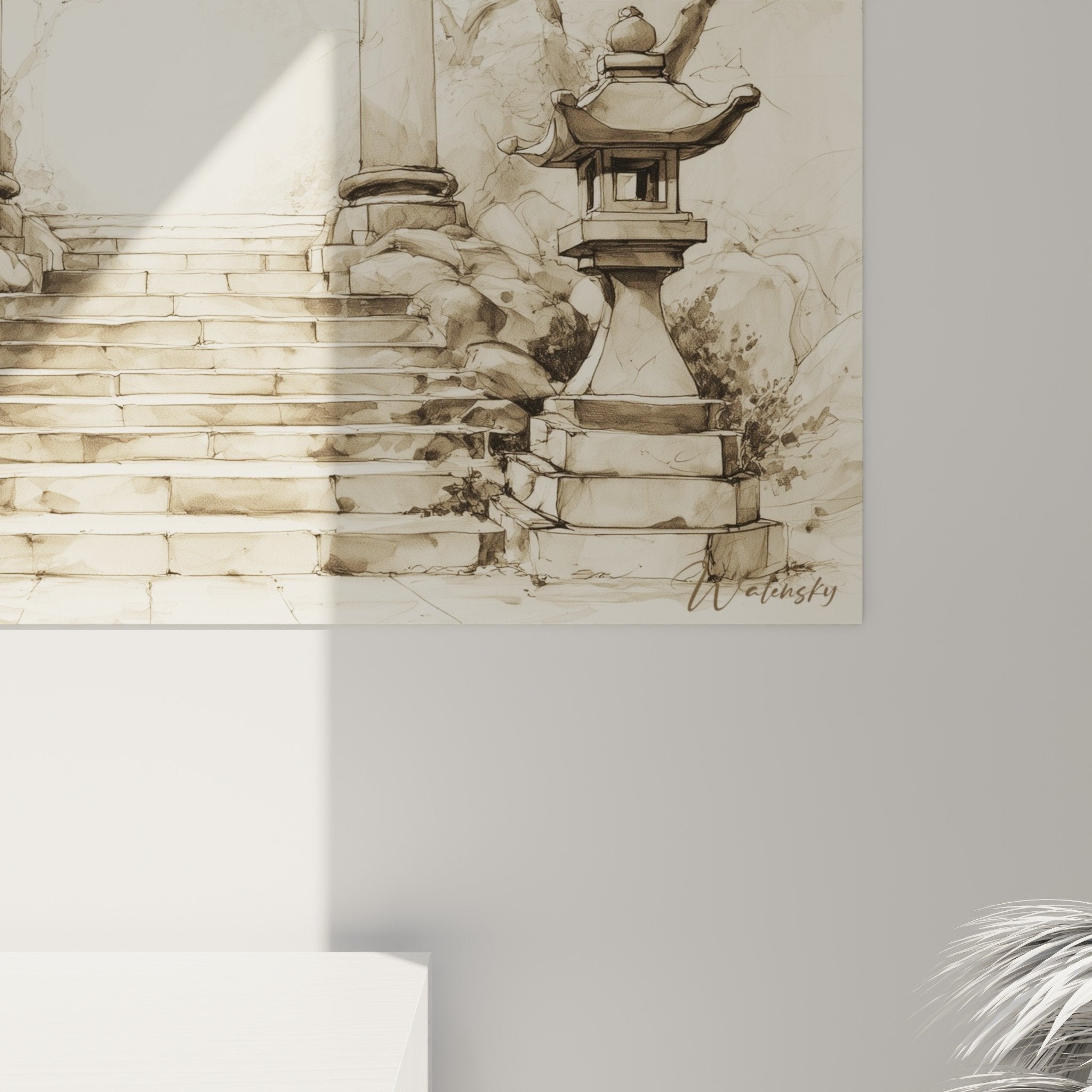 Full view Japanese torii watercolor painting in sepia and rose tones on white wall in contemporary zen interior