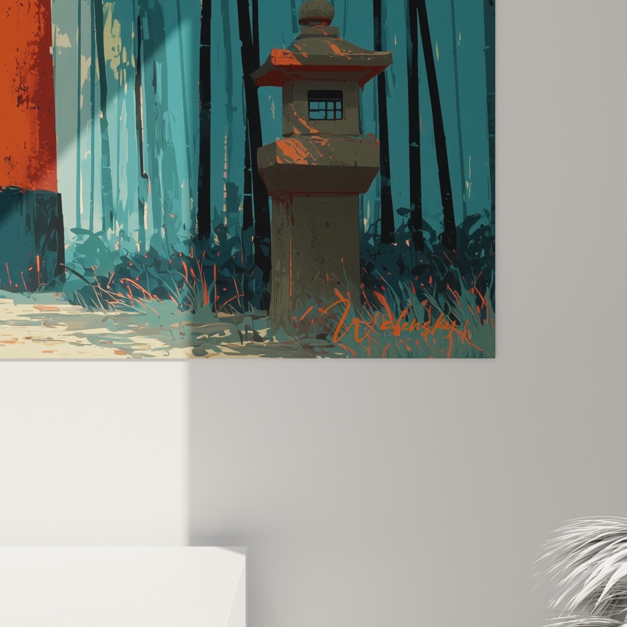 vue ensemble torii rouge foret mystique brume turquoise composition artistique equilibree tons chauds froids