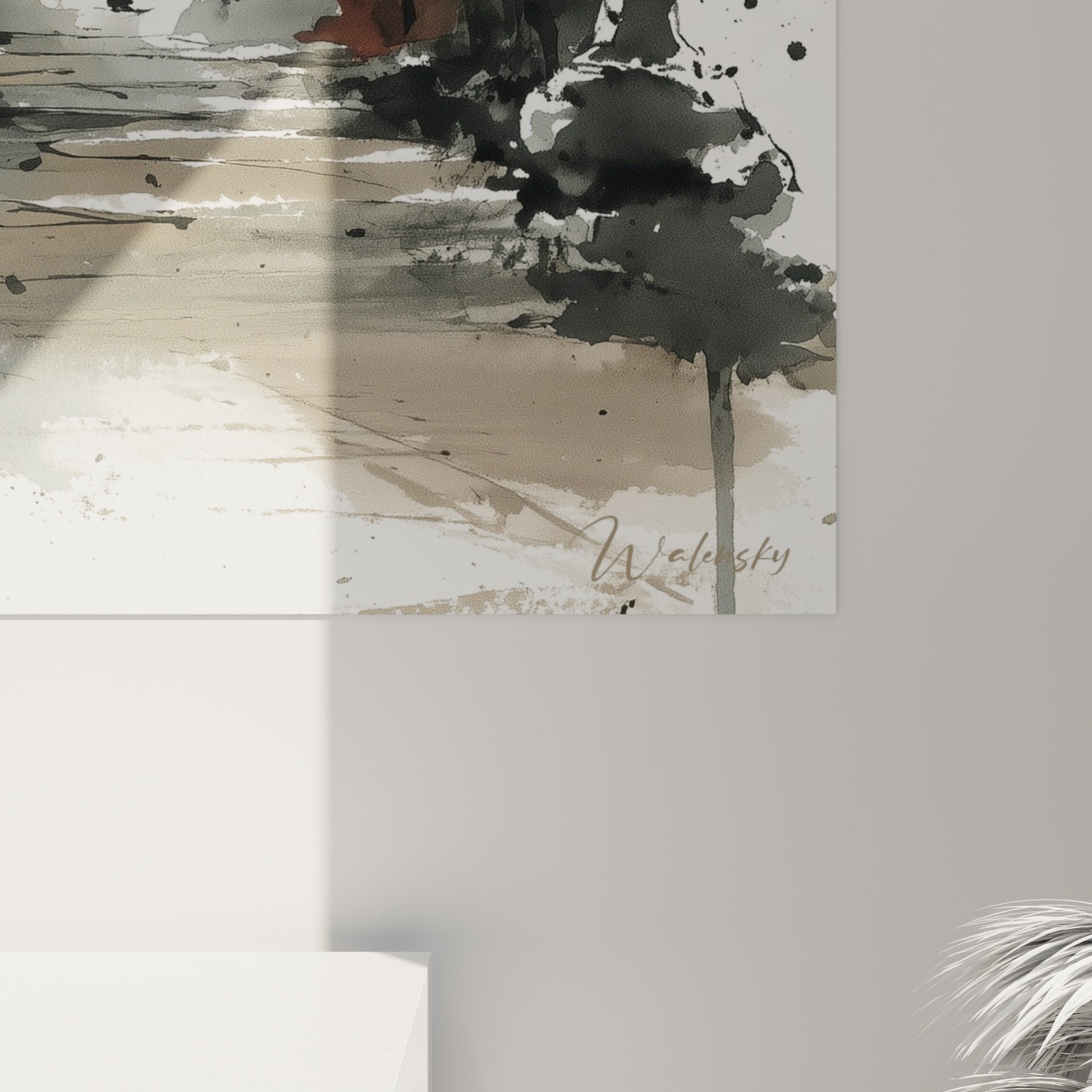 Vue ensemble tableau torii japonais rouge brume orangée silhouette portail spirituel décoration murale