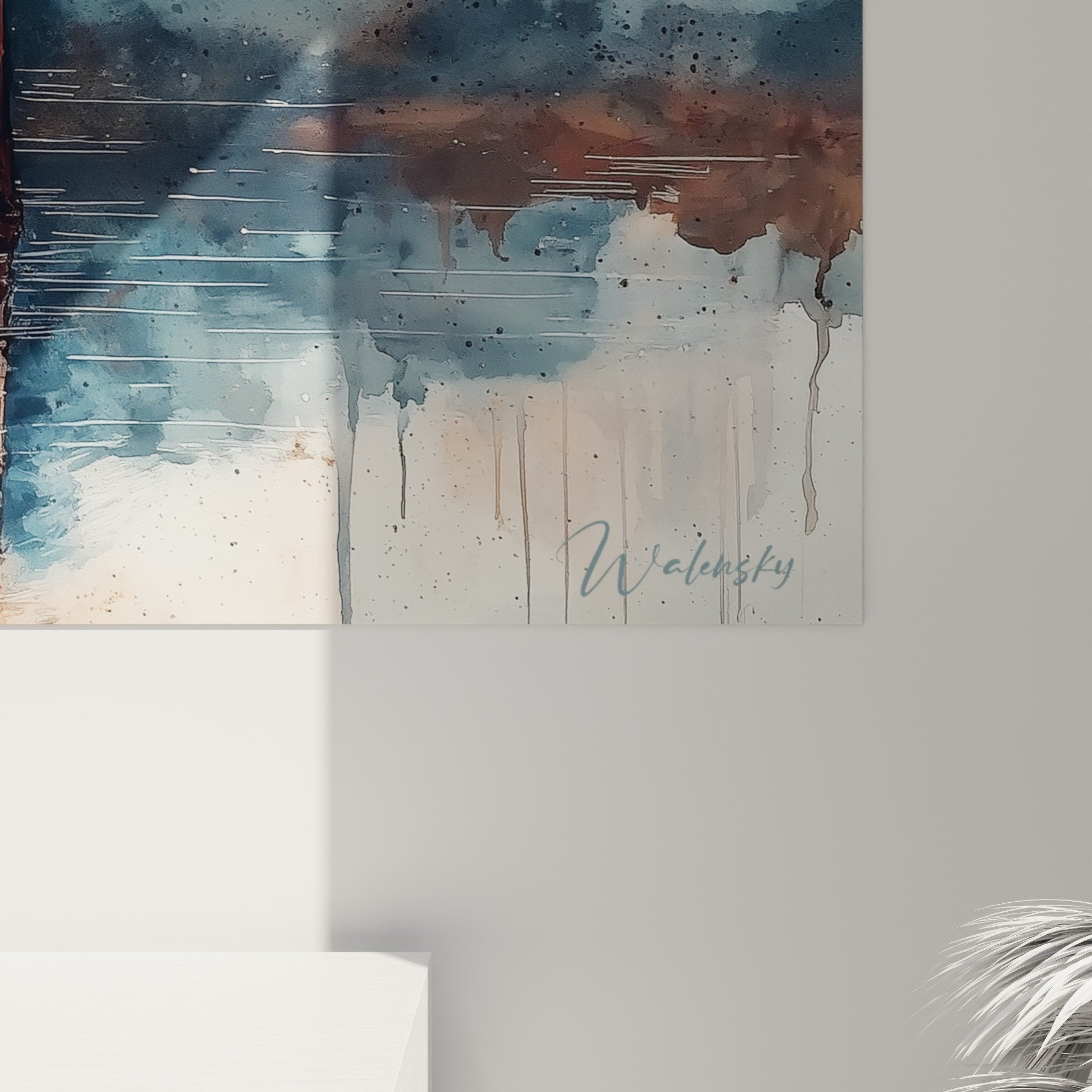 Vue ensemble torii rouge lac montagne neige brume composition aquarellee decoration interieur japonais