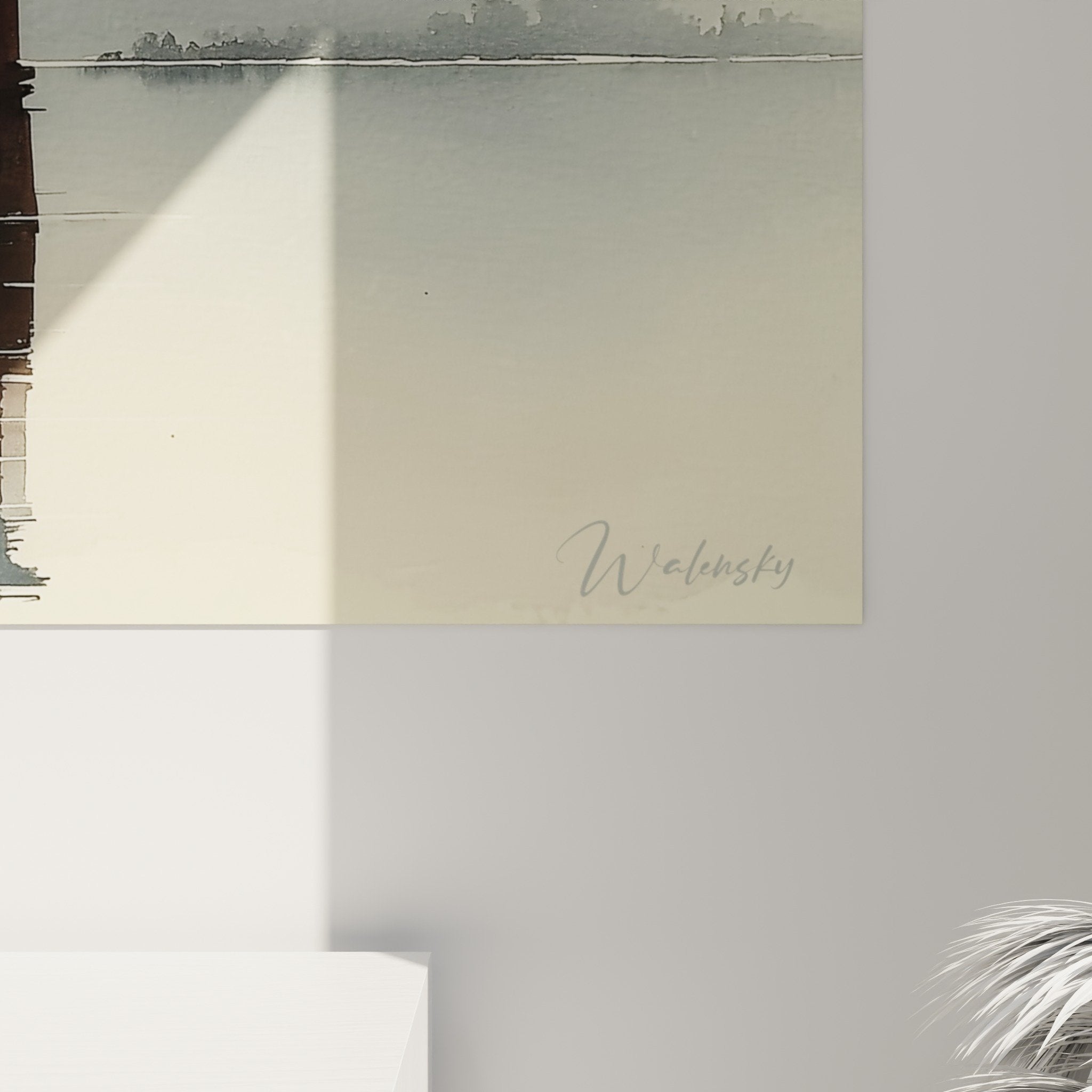 Torii gate mountain lake morning mist beige ochre palette wall art decor