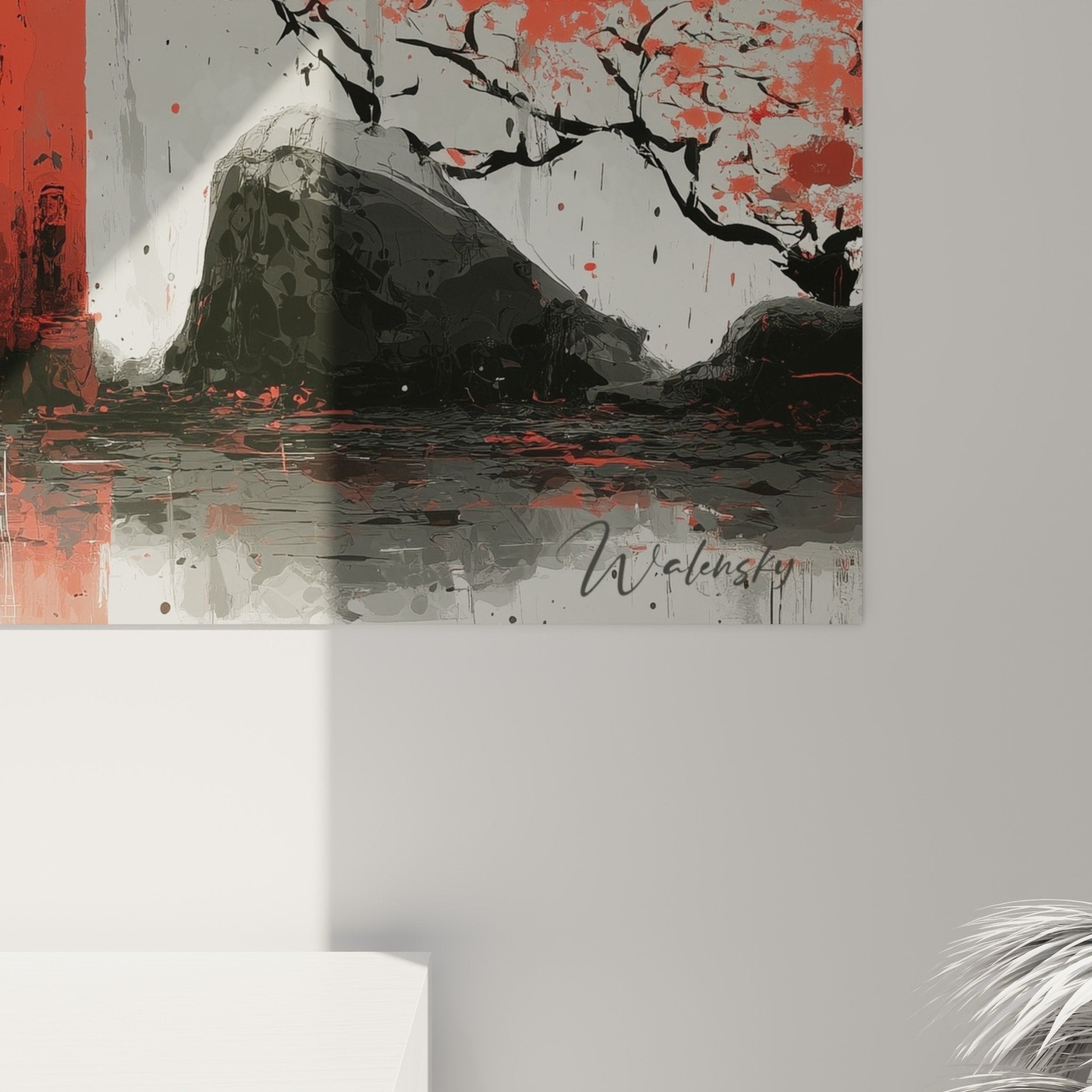 complete composition red torii gate white moon cherry blossom flowers japanese zen art view