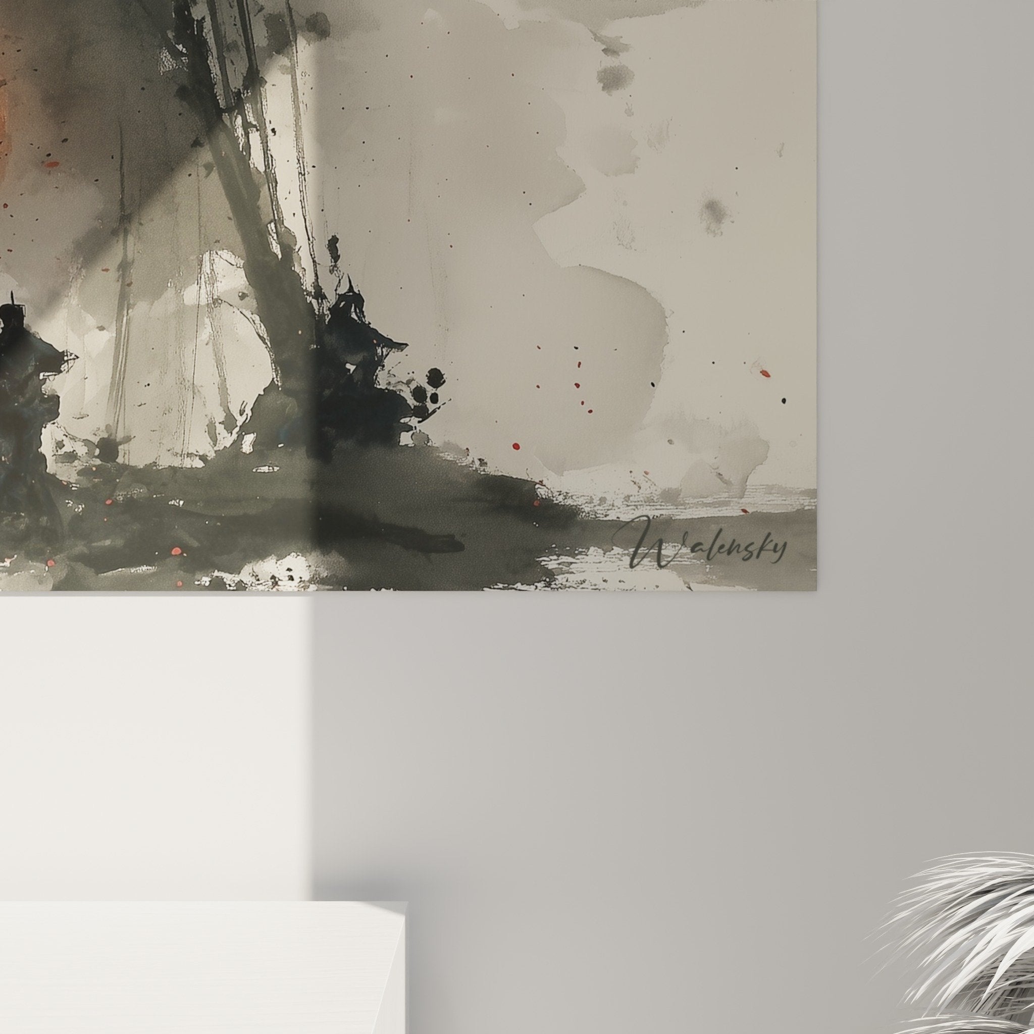 Red watercolor Japanese torii gate overview, sacred portal in mist, zen spiritual wall decoration